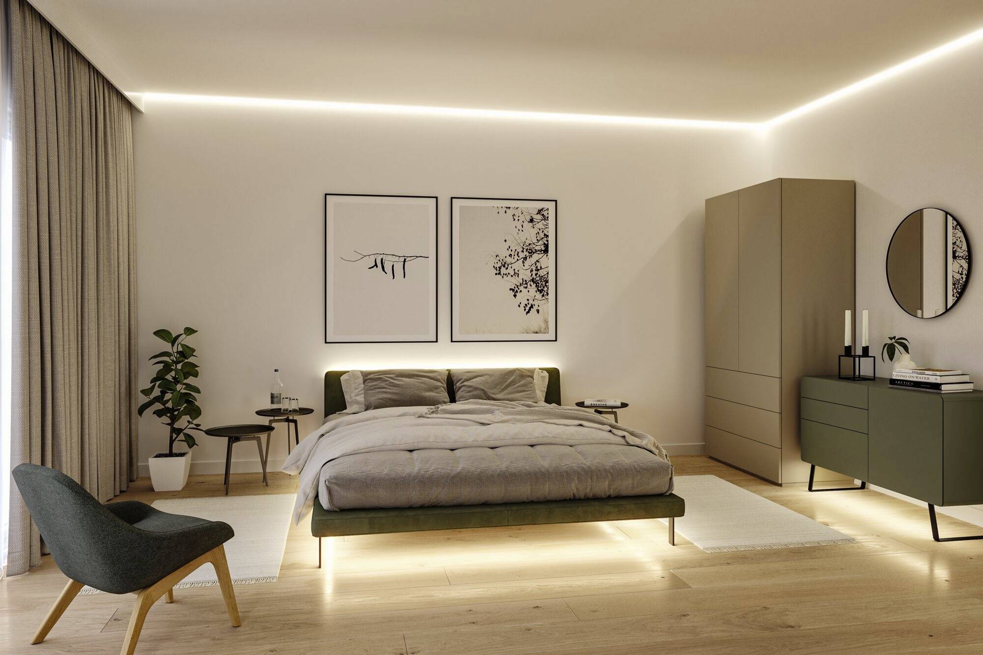 A modern bedroom with a double bed, framed artworks on the wall, a bedside table with a plant, an armchair, a chest of drawers, and a mirror.