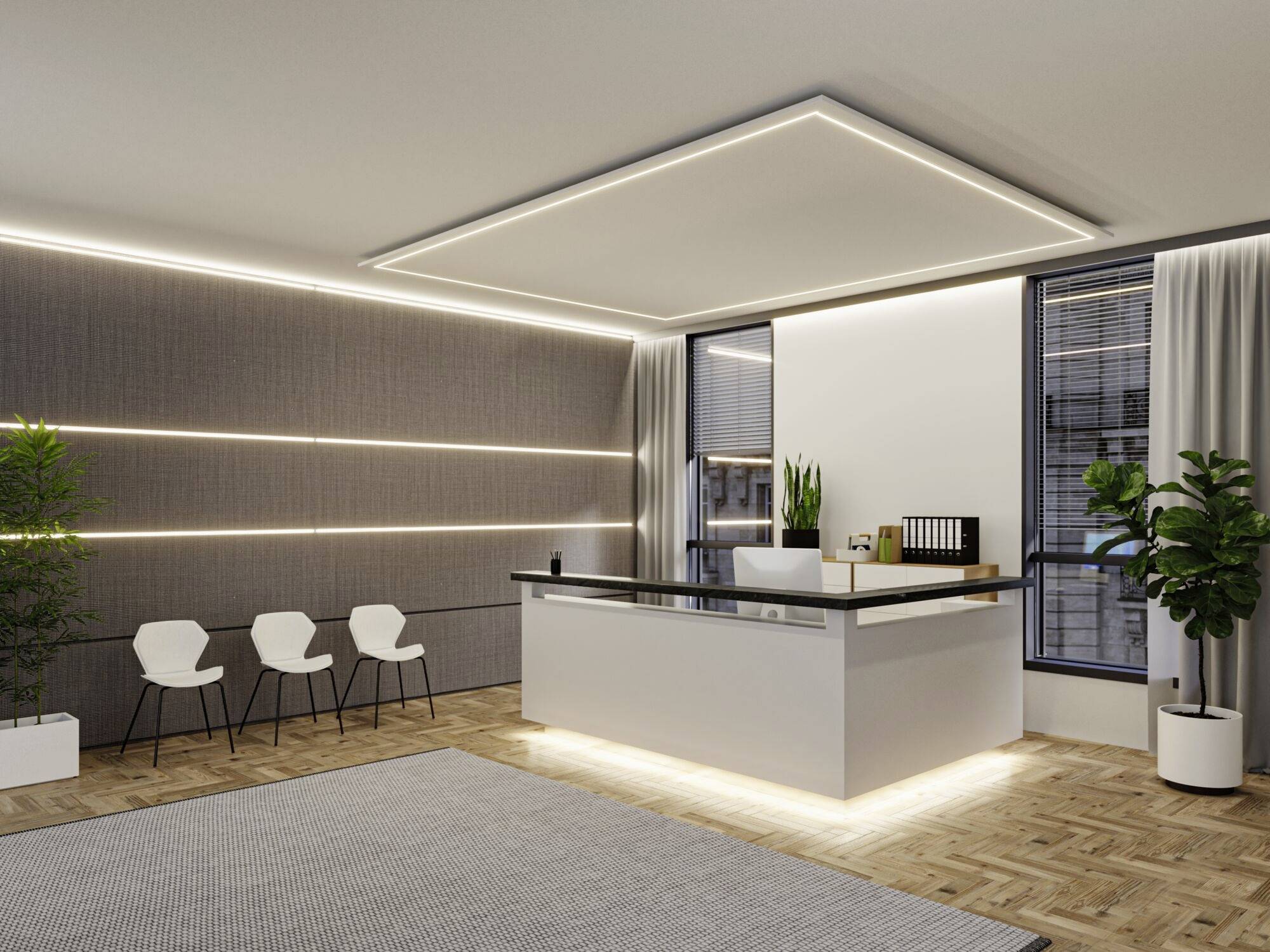 Modern reception area with minimalist design: White reception desk, grey walls with lighting, three white chairs and plants.