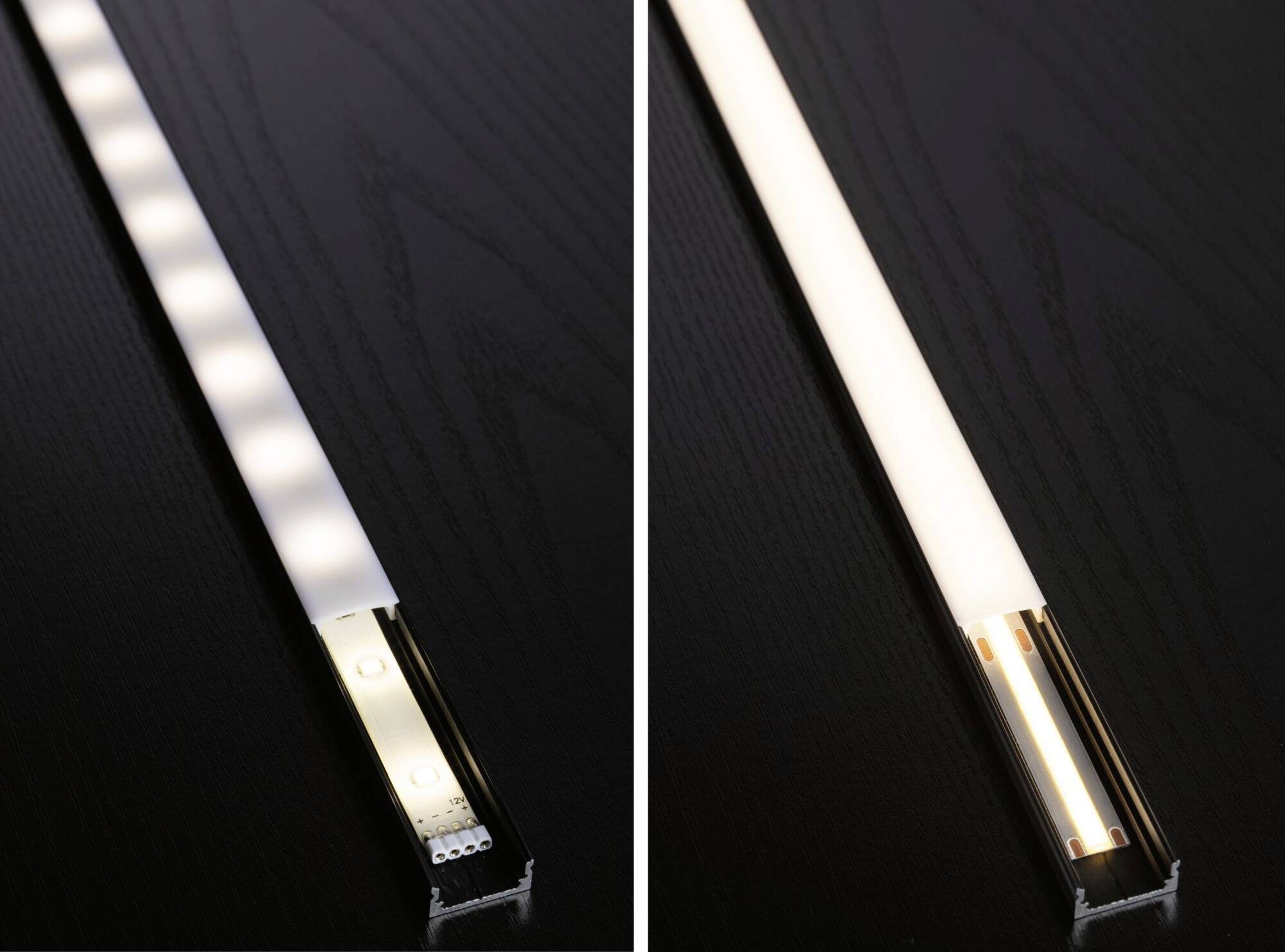 Two narrow LED strips side by side on a dark brown background; the left one with uniform, the right one with diffused coverage.