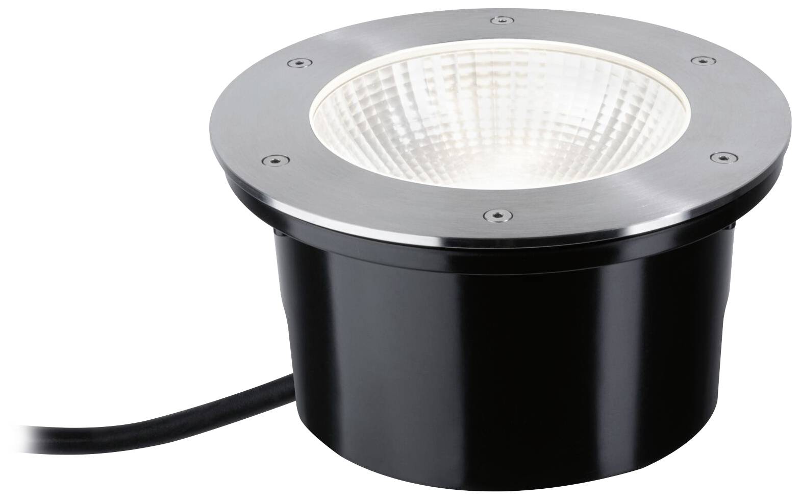Black recessed light with metal rim, cable on the side. Suitable for ground installation, gives the surroundings a modern ambience.