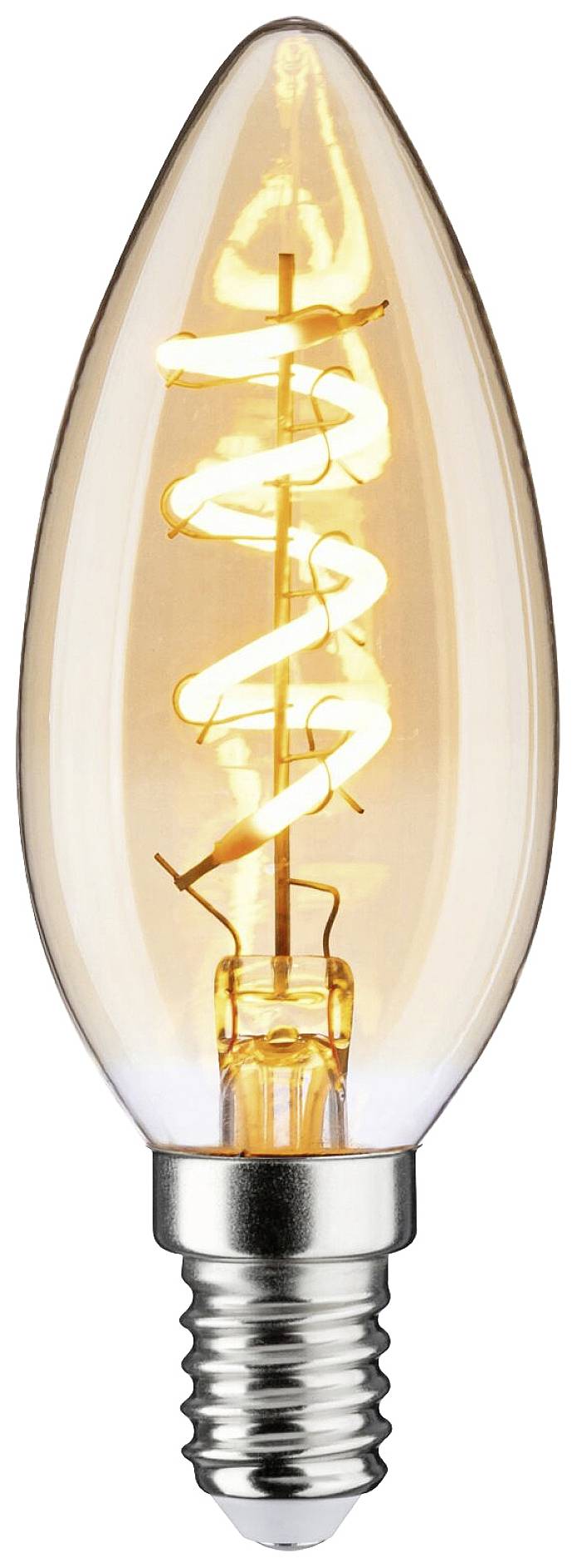 A glowing LED lamp with a decorative, spiral-shaped filament and E14 screw base.