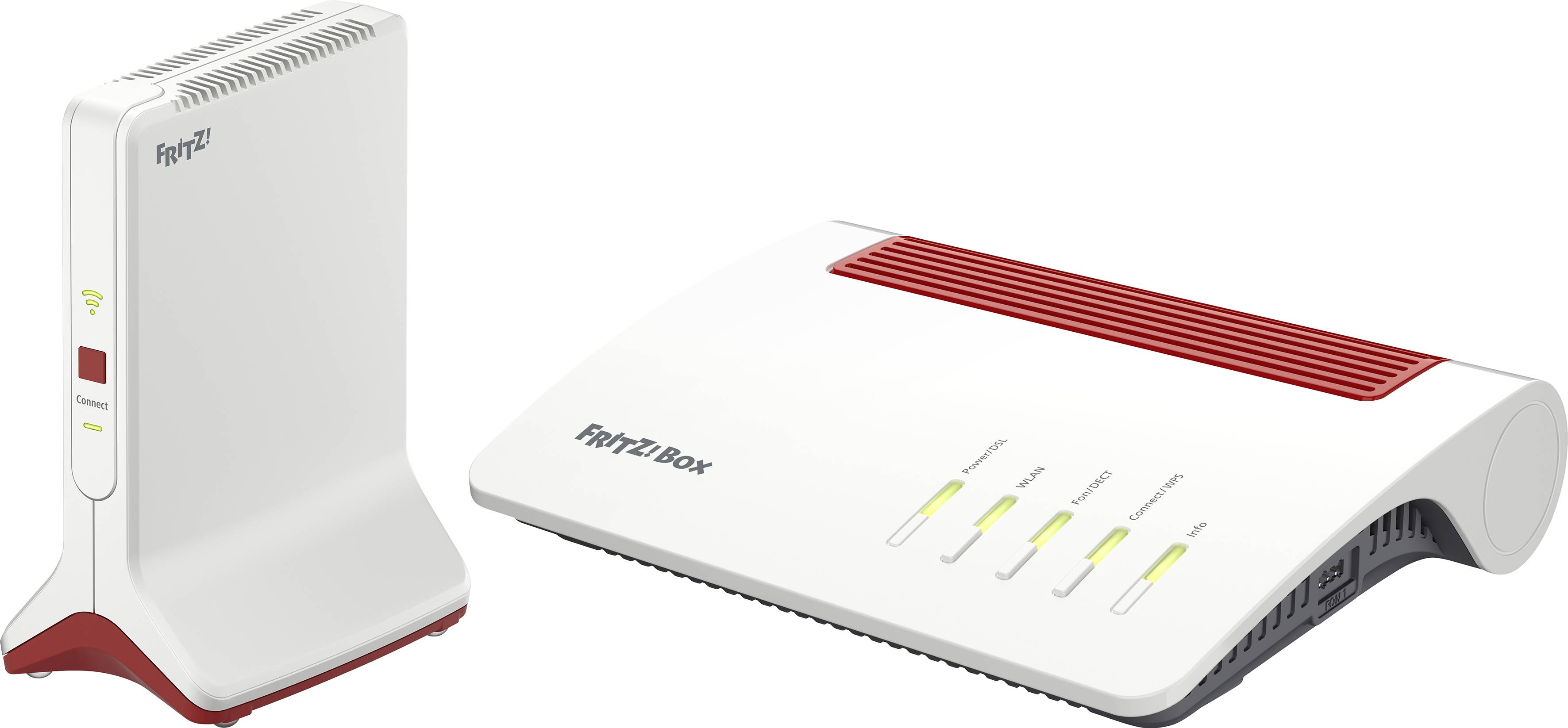 Two FritzBox devices: on the left a vertical repeater with LED indicators, on the right a horizontal router with air vents and ports.