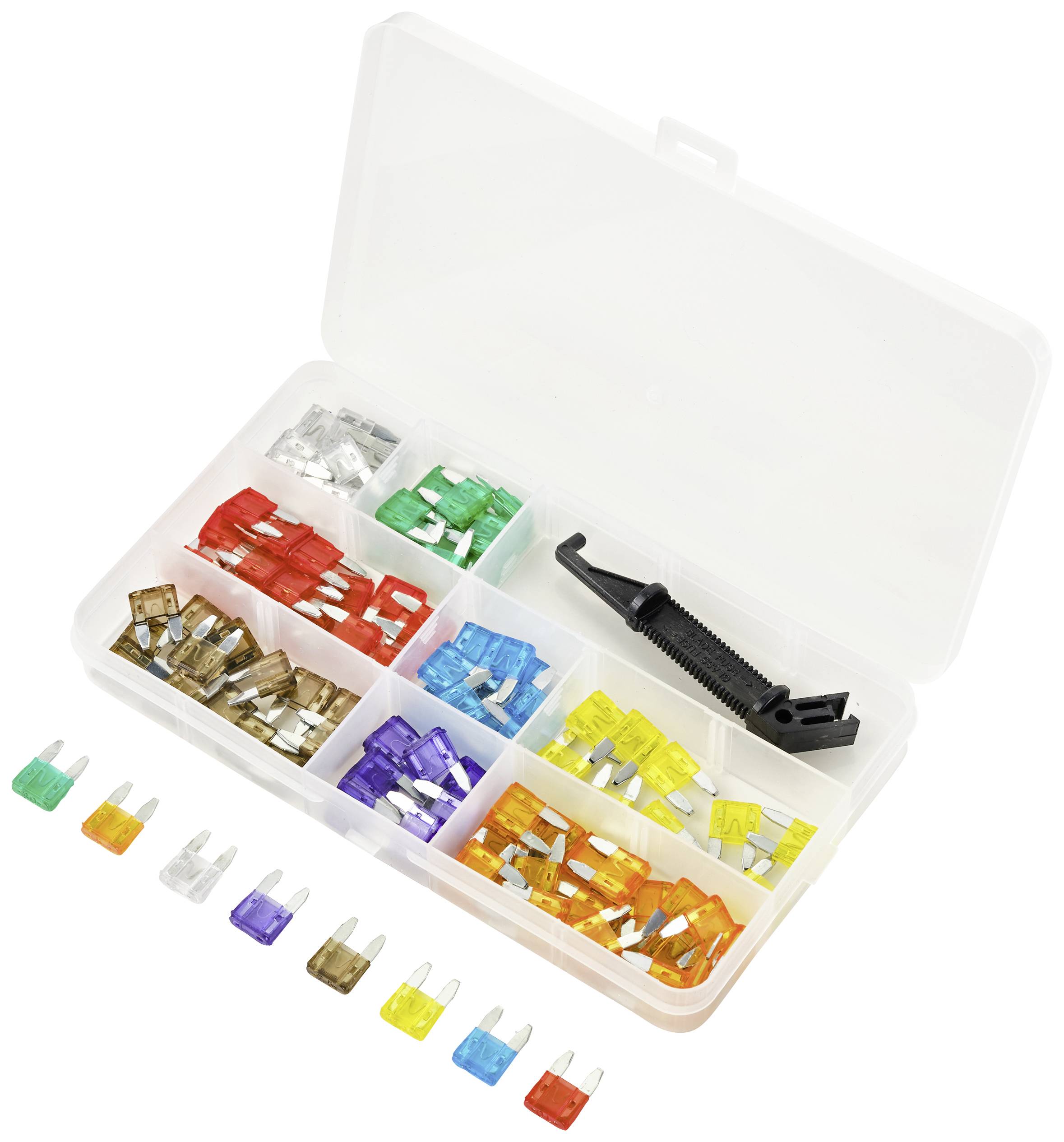 A compartmentalised case with various coloured fuses and a pair of pliers.