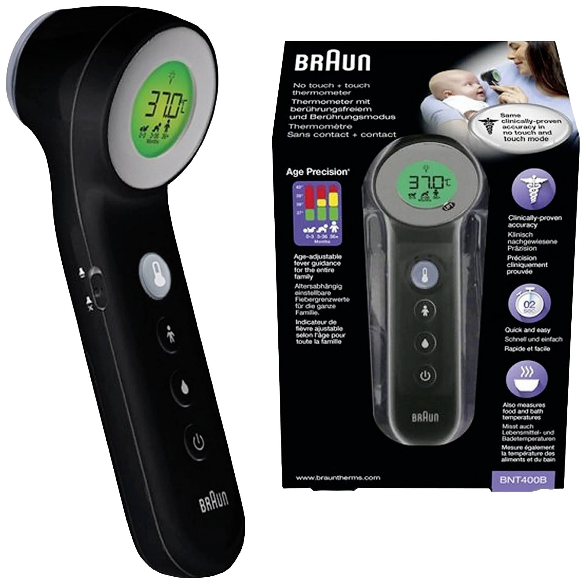 Non-contact Braun Thermometer. Displays temperature of 37.0°C. Packaging highlights 'Age Precision' feature, suitable for all age groups.