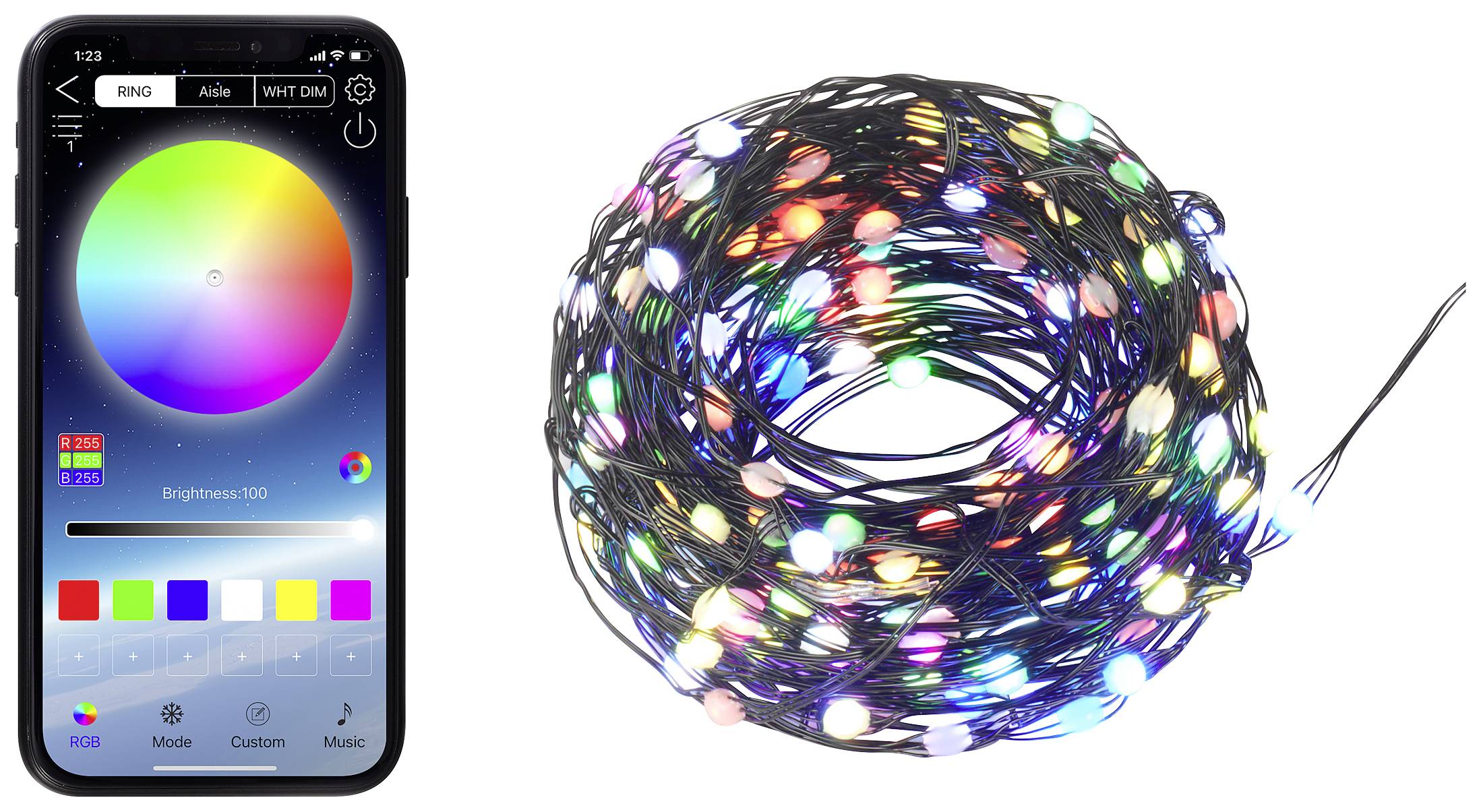 A smartphone displays an app for controlling LED light chains with colour selection and brightness. Next to it is a colourful LED light chain.