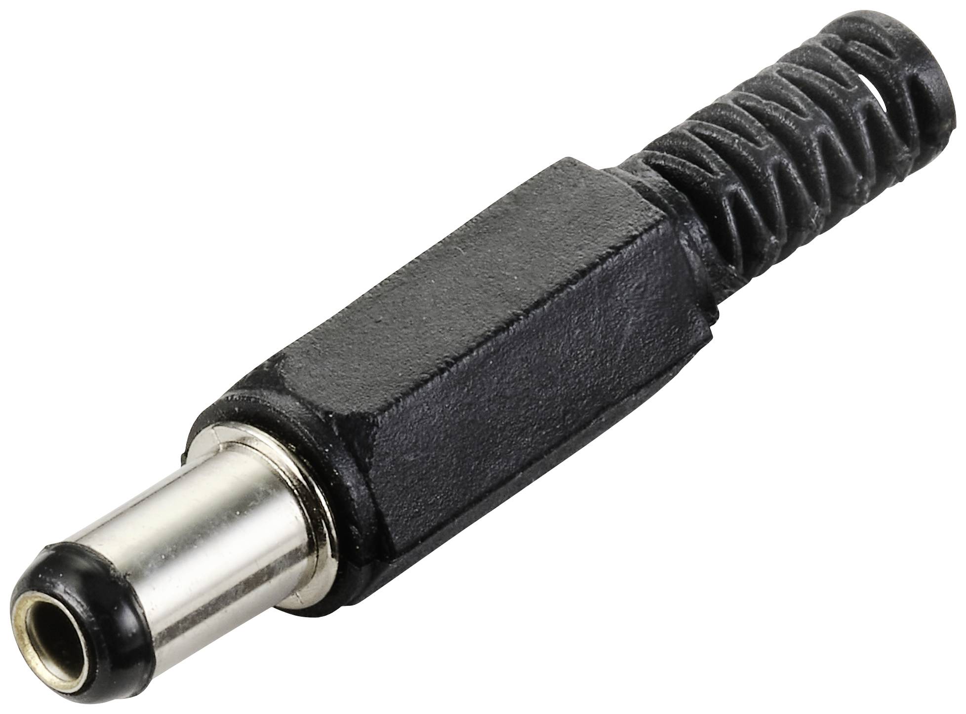 A black and silver DC plug with a flexible cable guard, commonly used for connecting electronic devices.