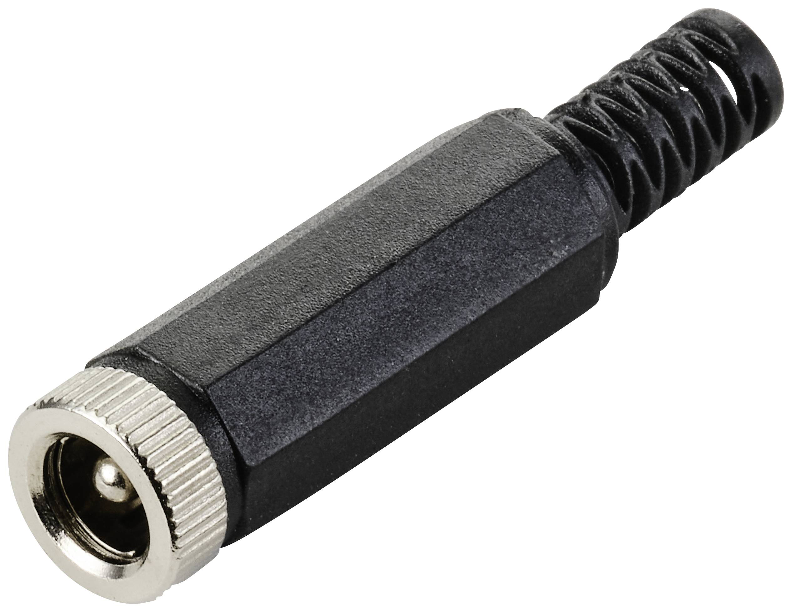 Black audio socket adapter with metal threading and spring cable protection, suitable for connections in audio devices.