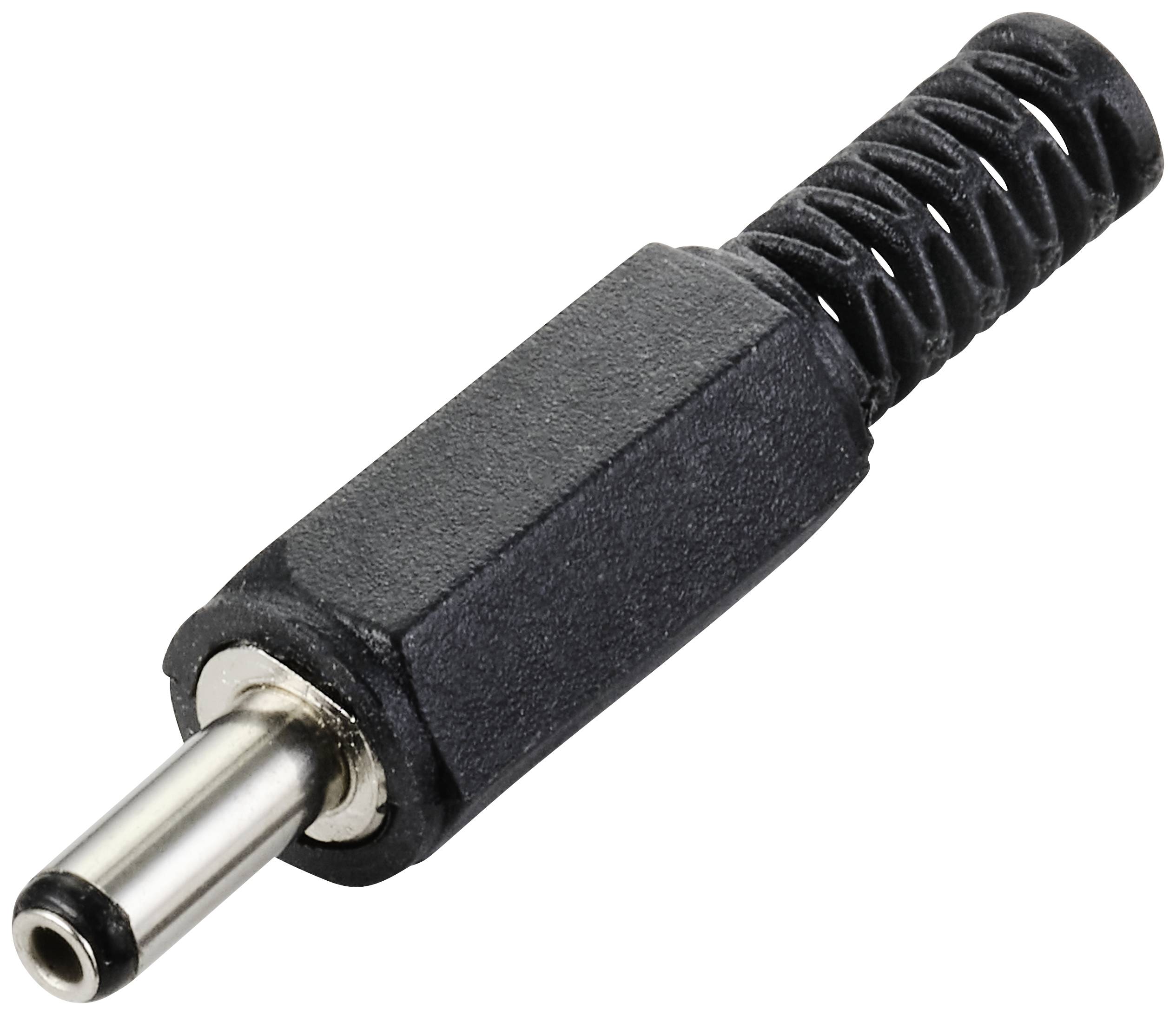 Power supply plug, cylindrical, with a black plastic casing and metal tip, commonly used for electronic devices.