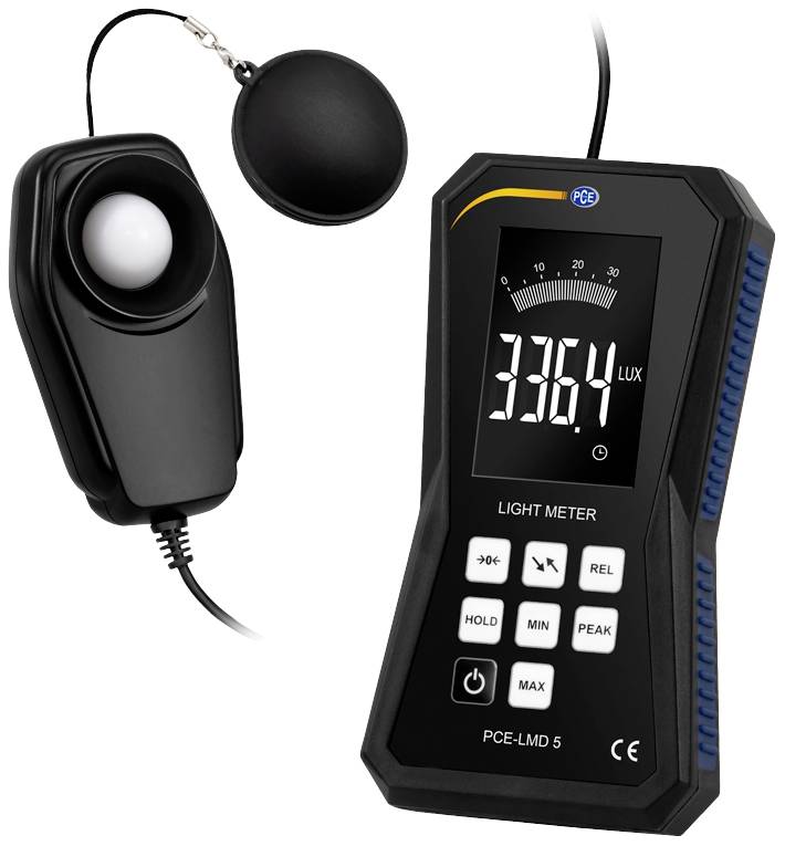 Light meter with digital display, showing '36.4 lux'. Sensor connected for light measurement.