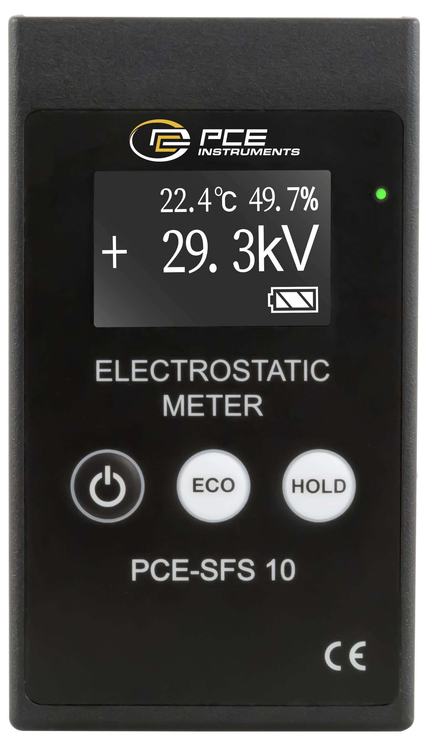 Handheld electrostatic meter display showing +29.3 kV, 22.4°C and 49.7% humidity, labeled PCE-SFS 10.