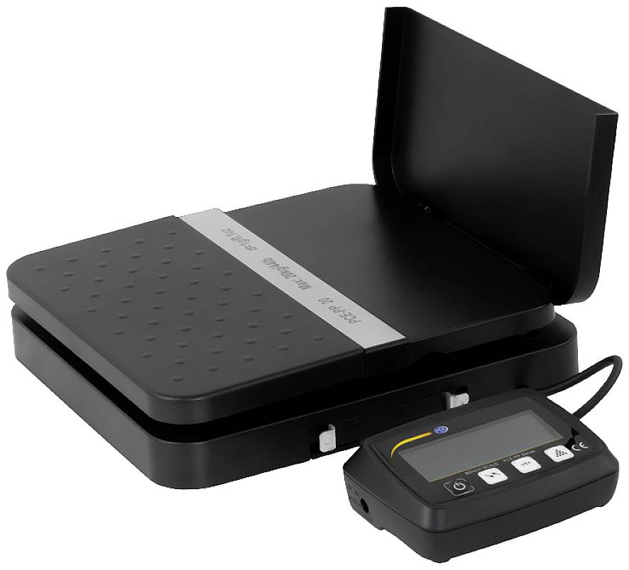A black postal scale with a digital display, suitable for precisely weighing parcels or letters in an office environment.