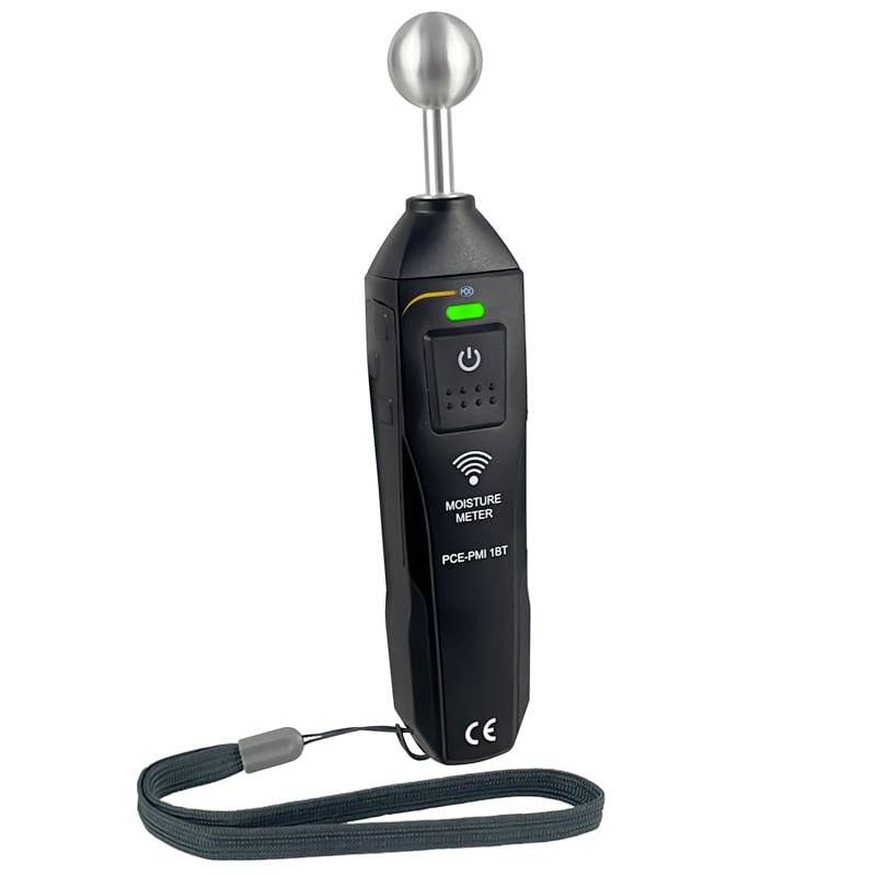 Handheld moisture meter with metal sensor probe, power button, indicator light, and wrist strap, shown on a white background.
