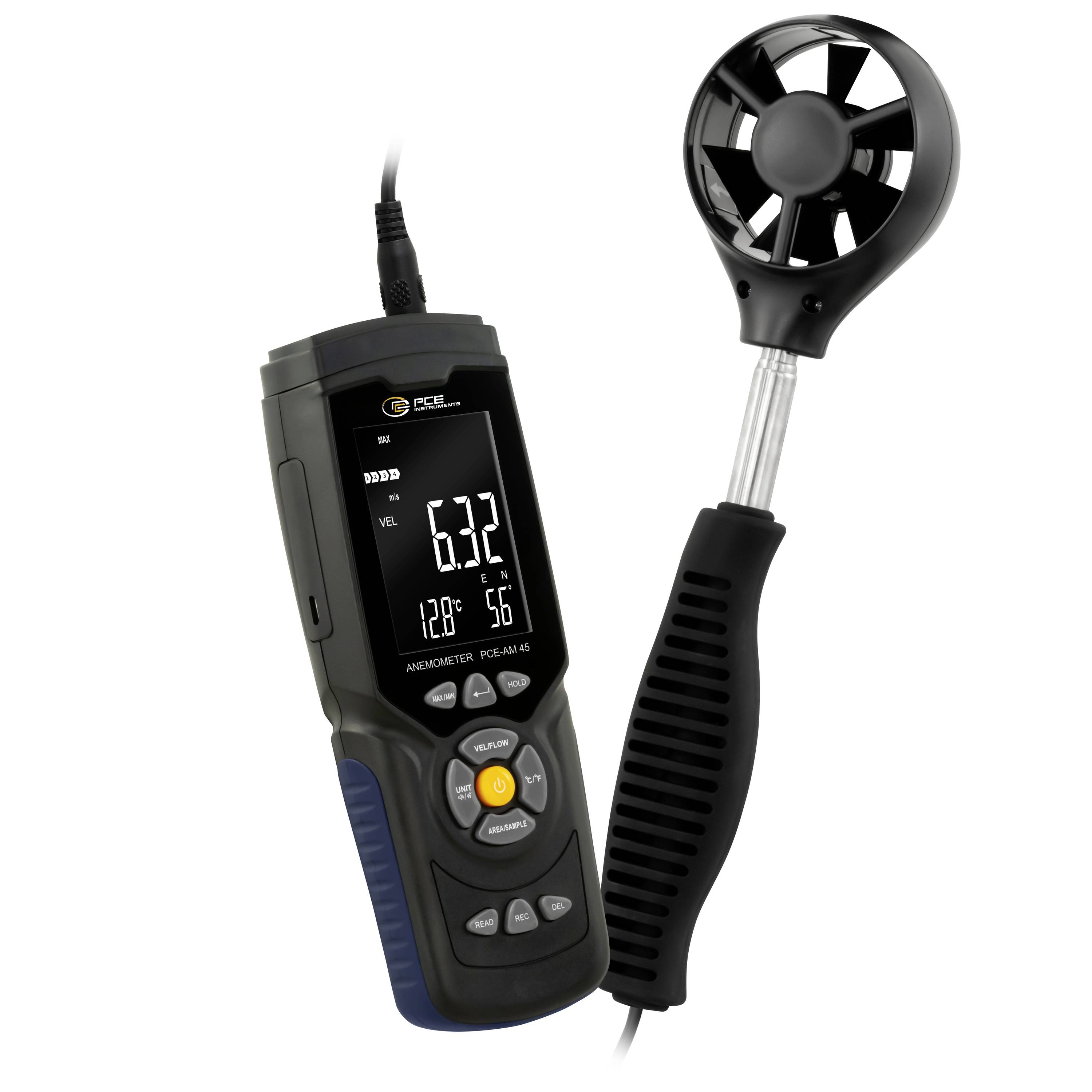 Handheld digital anemometer with a separate fan sensor probe, showing air speed, temperature, and humidity readings on its display.