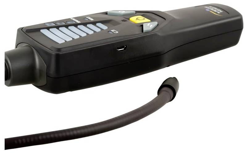 Black handheld electronic device with buttons and a yellow power symbol, shown with a connected cable on a white background