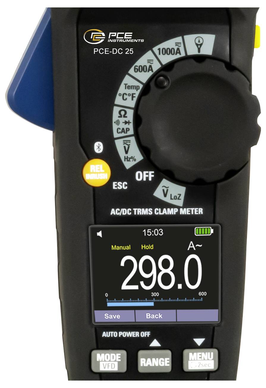 Digital clamp meter showing an AC current reading of 298.0 A on its screen, with mode and range buttons below the display.