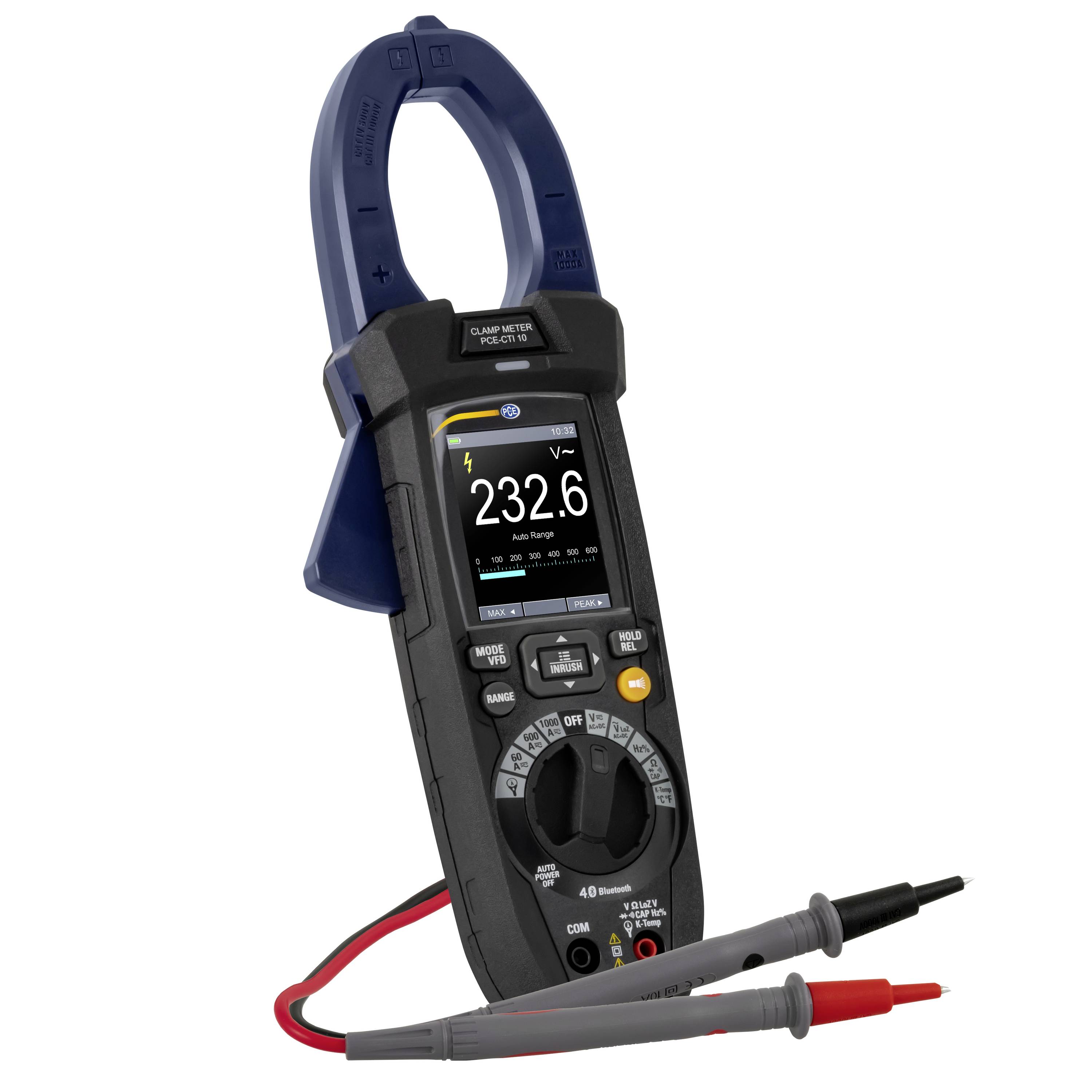 Digital clamp multimeter showing 232.6 V AC, with test probes attached.