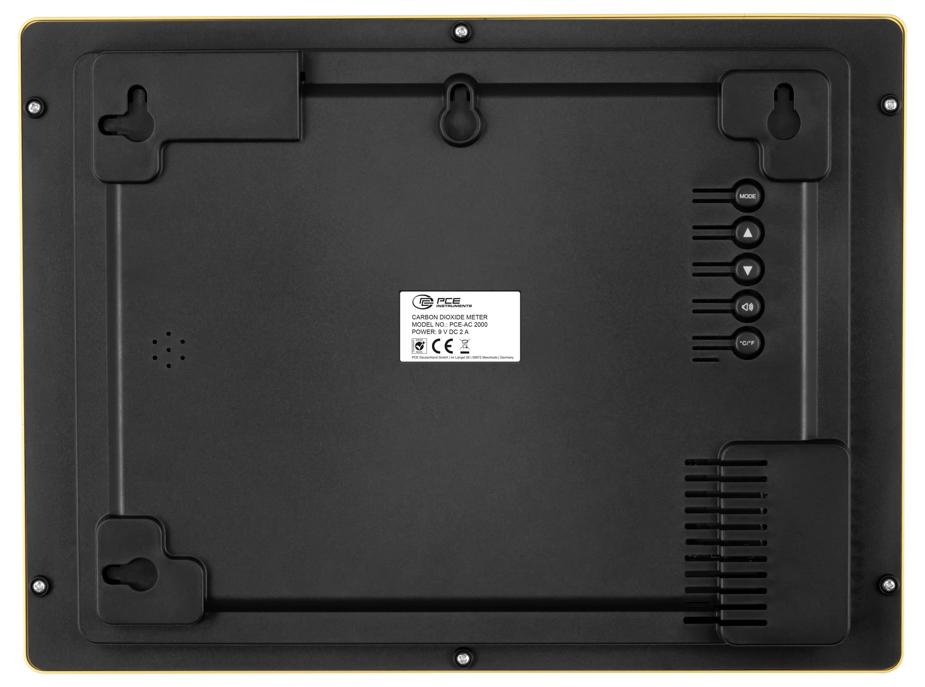 Back view of a black digital photo frame or display with wall-mount slots, control buttons on the right, and a central product label.