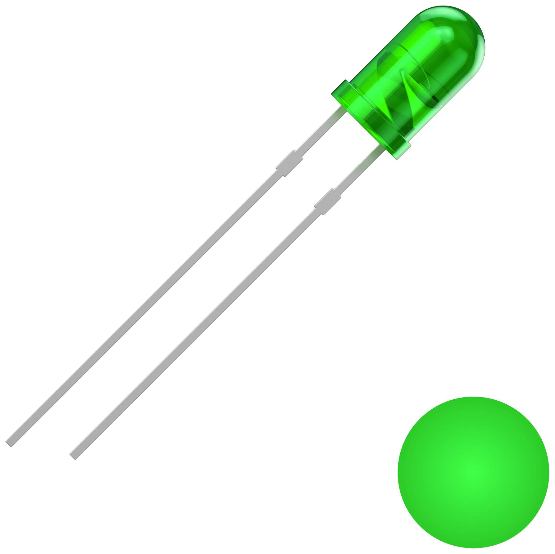 A green LED that is actively illuminating. Its metal legs are visible to the left. A brightly glowing green dot in the bottom right.