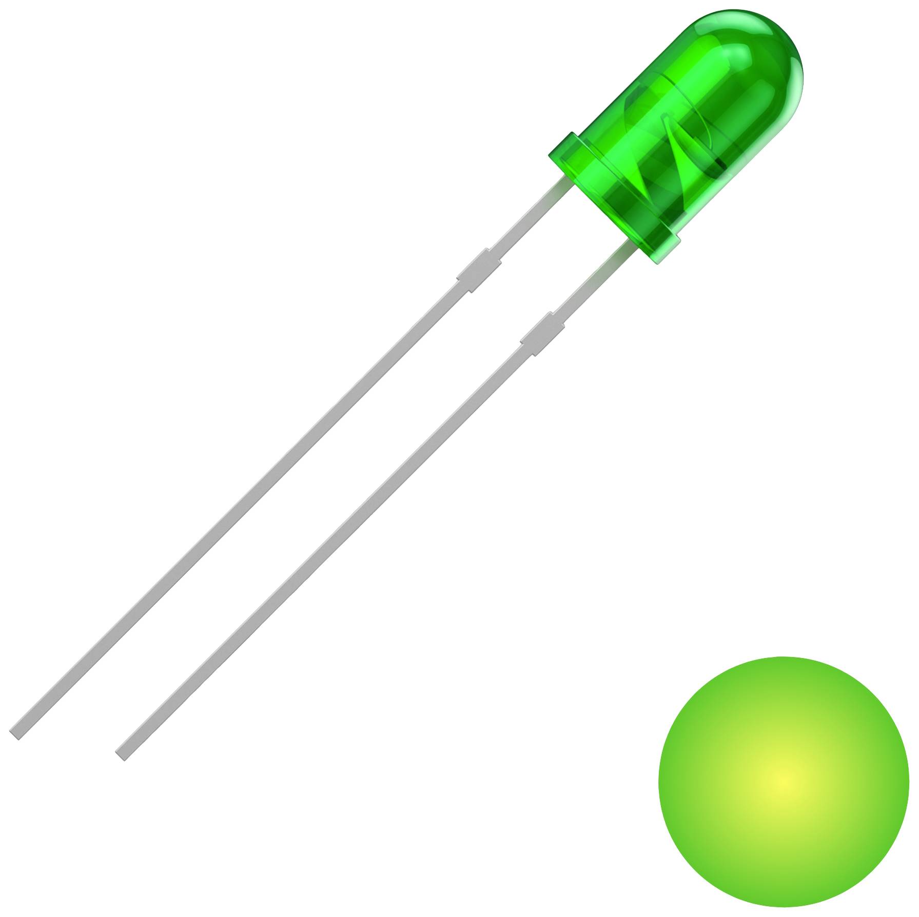 Green LED with two connection pins, next to a glowing green light sphere.