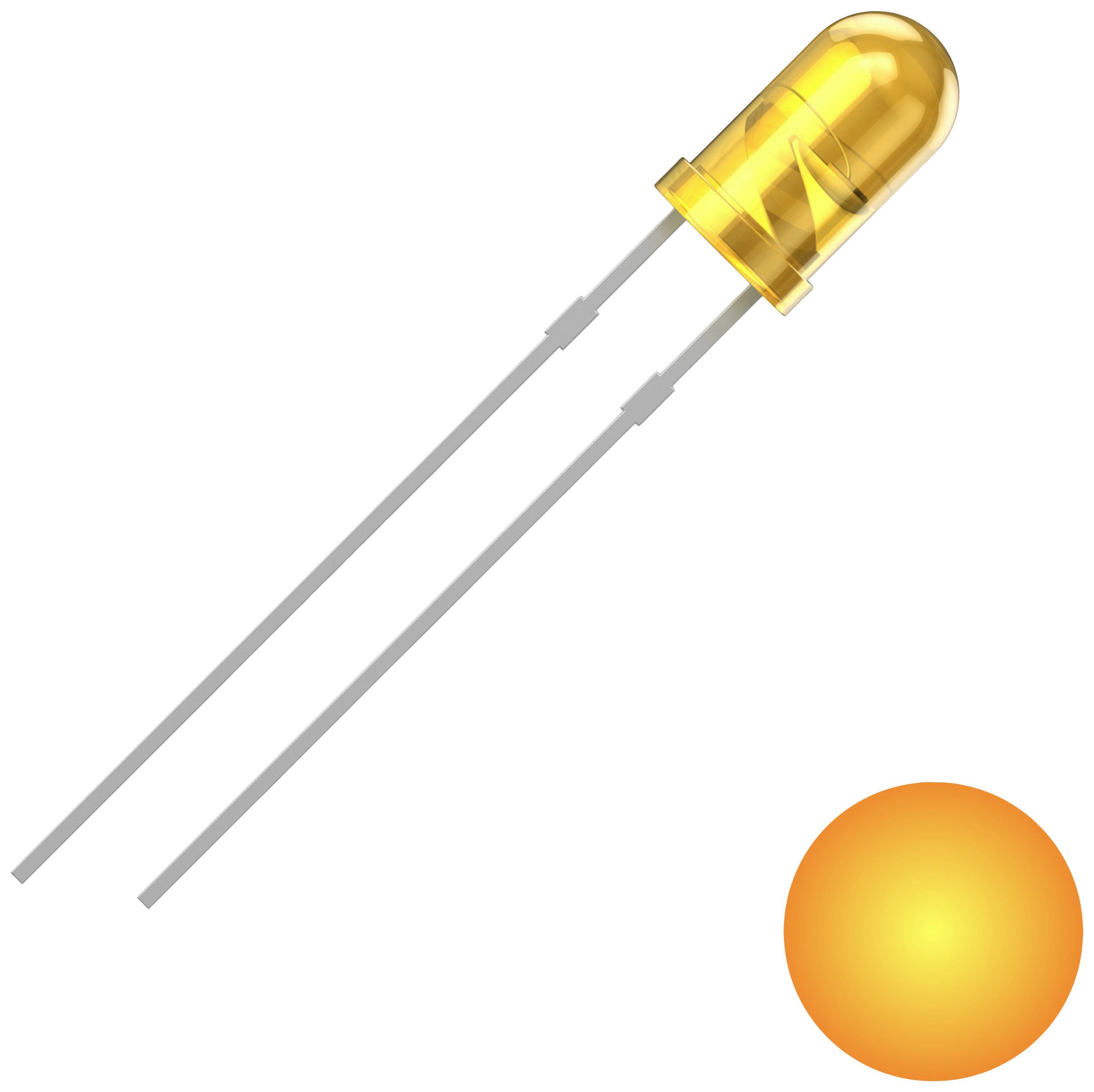 An orange LED with two metal pins, beside it a glowing point representing light emission.