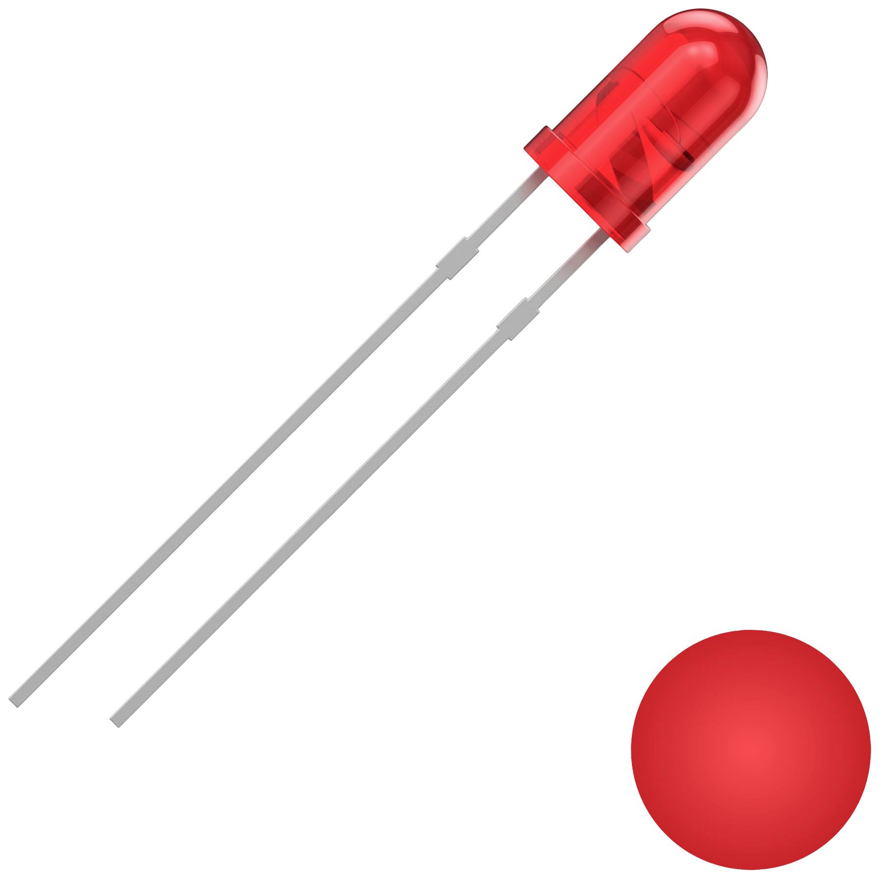 Red LED diode with two connecting wires. Bottom right, a glowing red dot showing the illumination state of the diode.