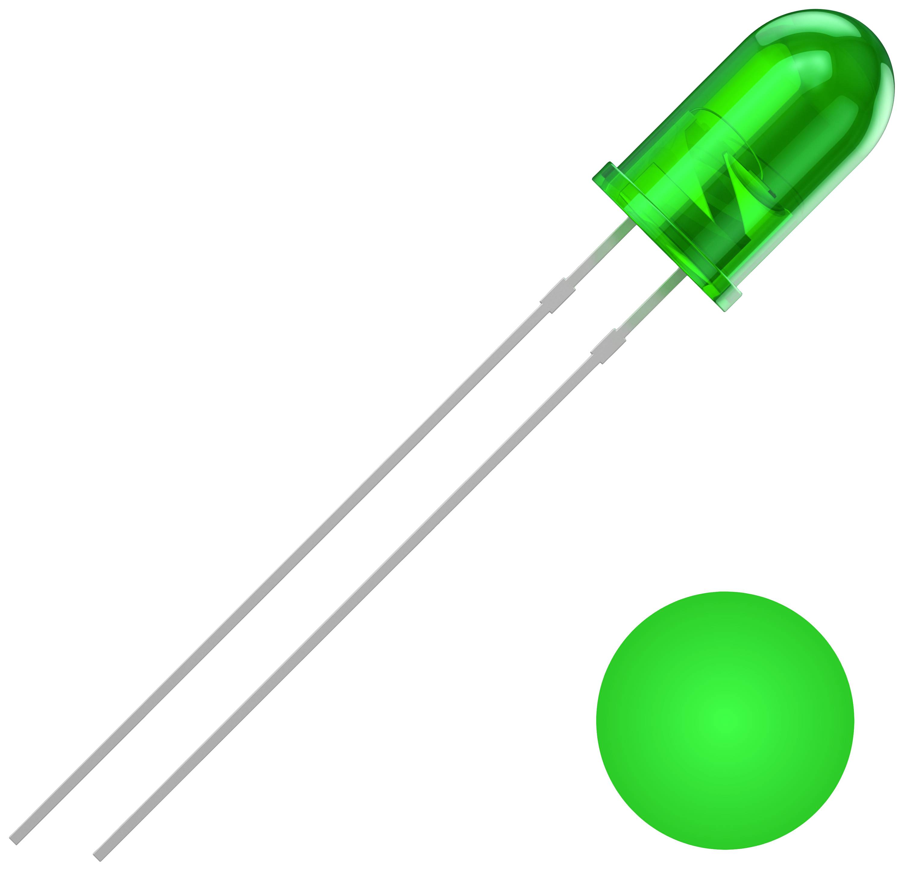 Green LED with two connecting wires. Circular housing, suitable for electronic applications and illumination purposes.