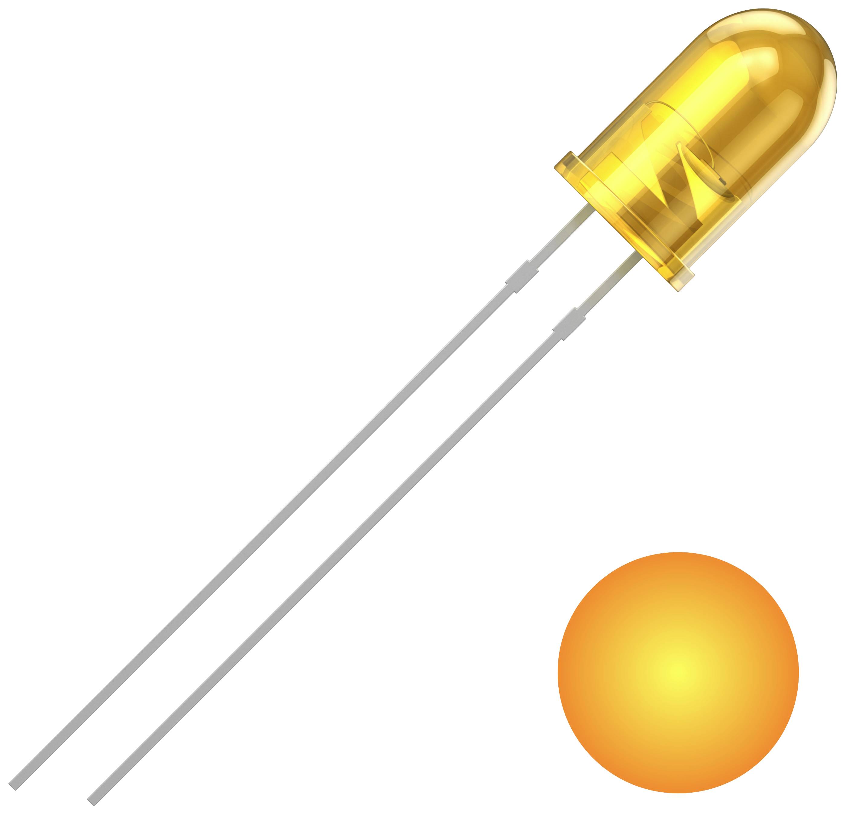 A yellow LED with two long terminals, next to an orange-yellow luminous point representing the light of the LED.