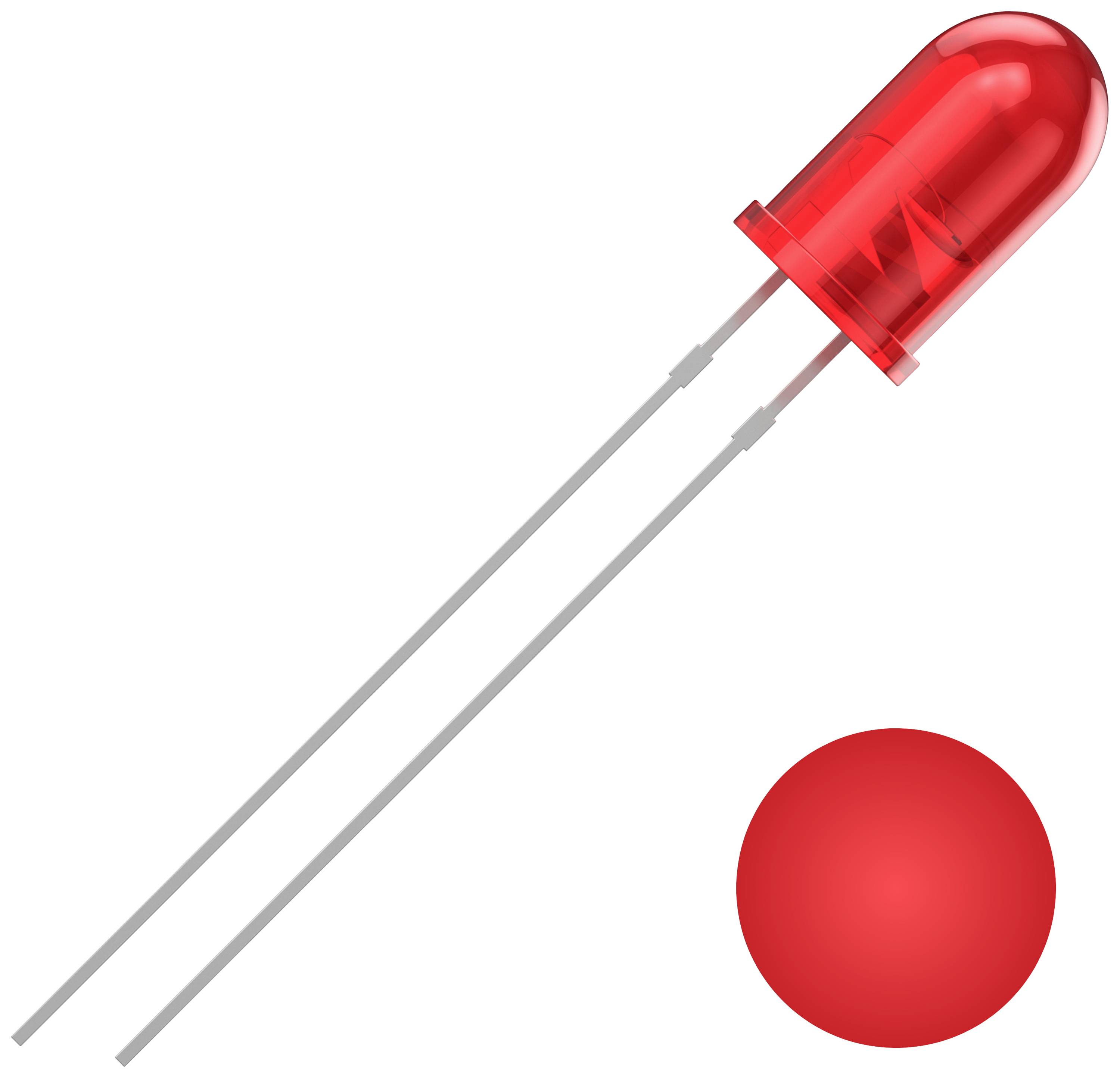 Red LED diode against a white background, depicted with two metal connections.