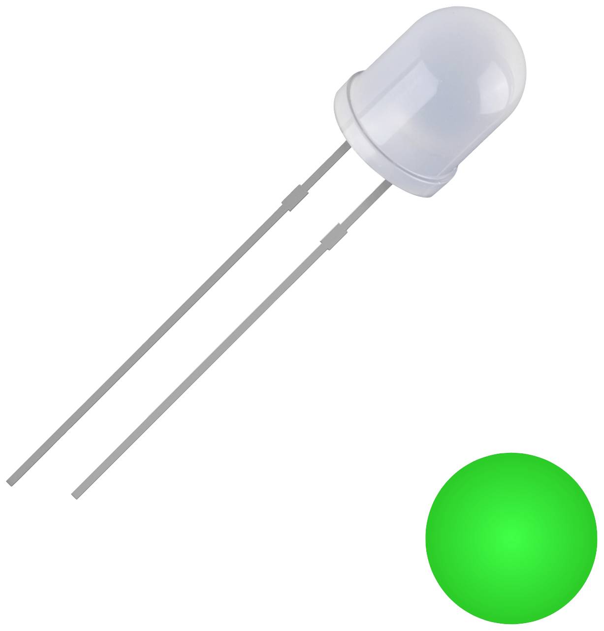 A green light-emitting diode (LED) with two long legs, next to a glowing green dot.