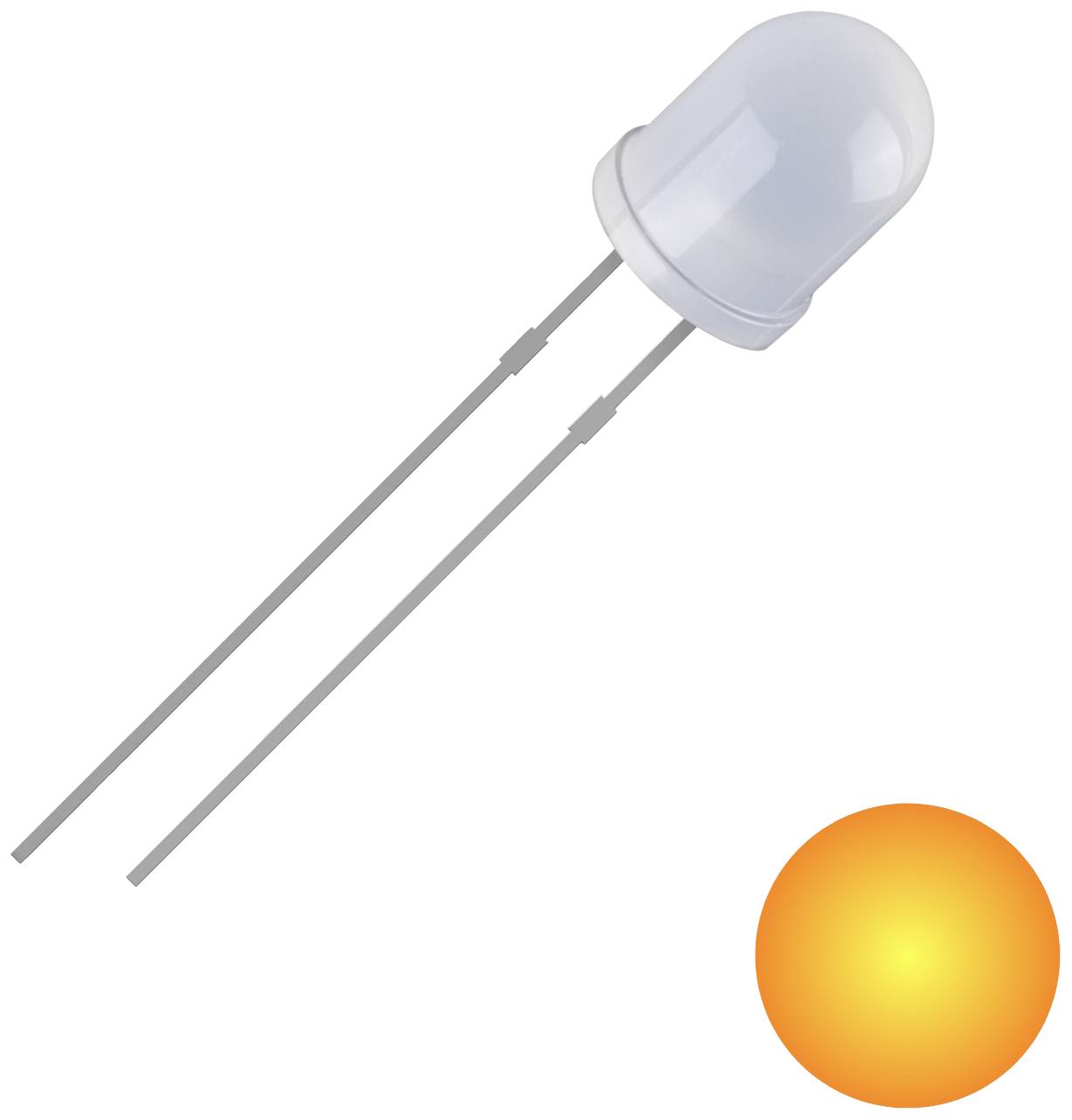 Image of a white LED lamp with two metal legs and a glowing, orange-coloured sphere beside it.