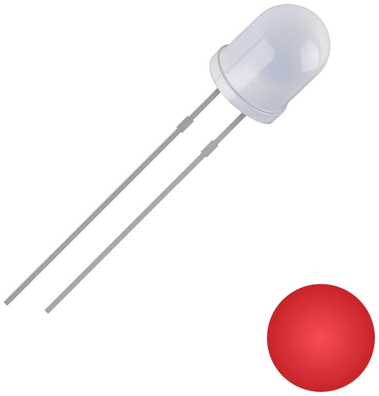 A white LED with two metal terminals next to a glowing red dot, which symbolises the light of the LED.