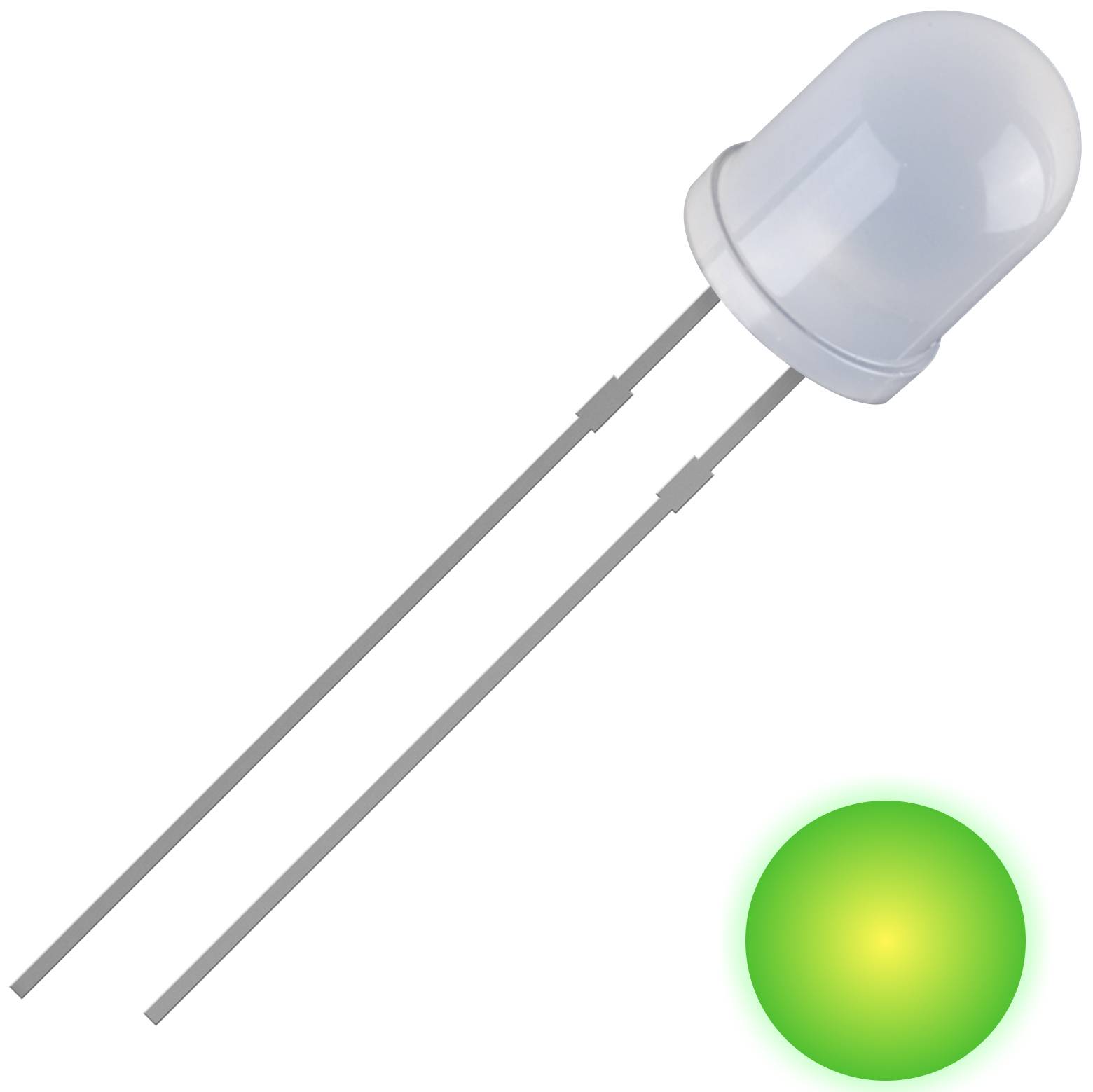 Two-pole green LED with a luminous tip, symbolising the operation or functionality of an electronic device.