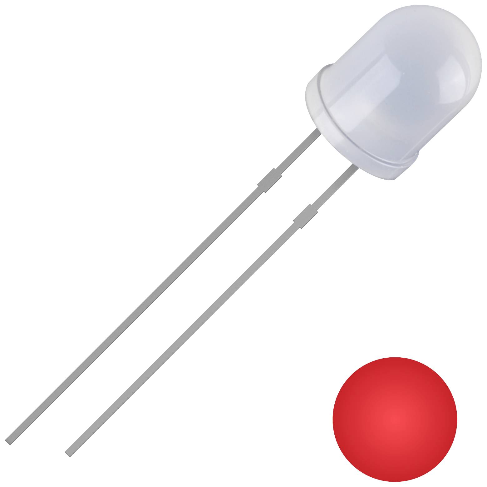 A red LED with two connecting wires and a glowing red circle indicating the switched-on state.