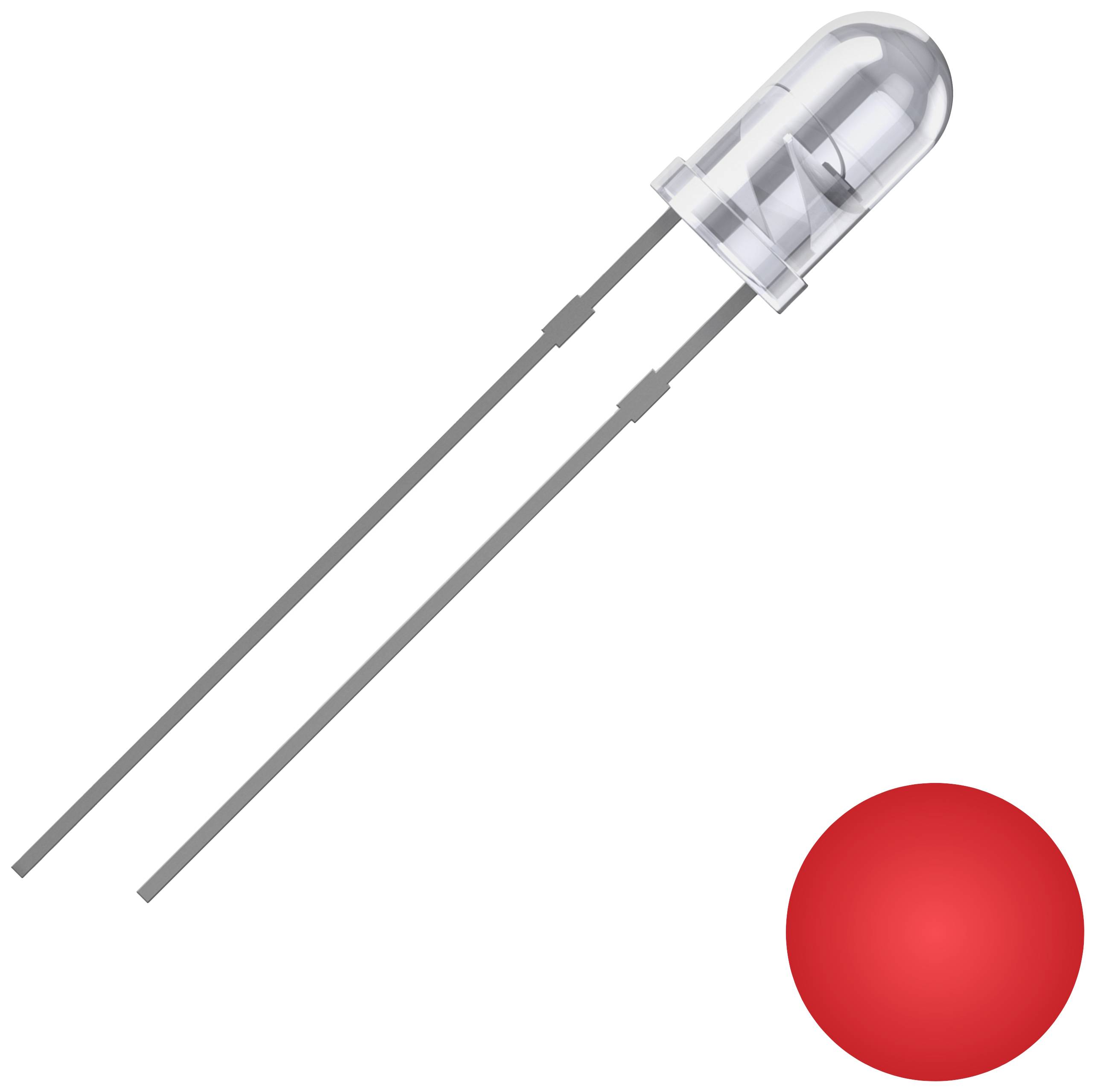 A light-emitting diode (LED) with two connecting wires and a glowing red sphere beside it.