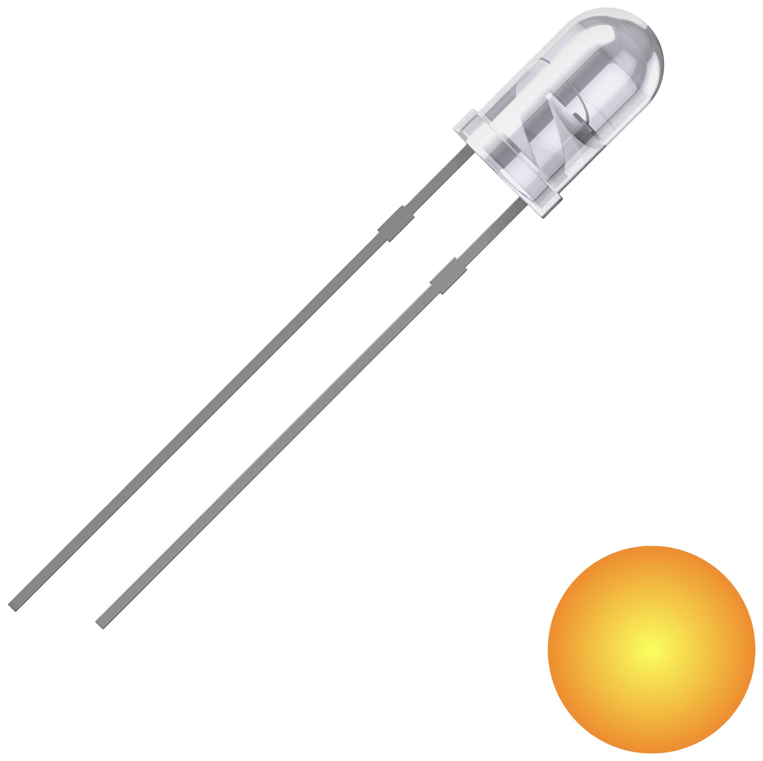 'Illustration of an Orange LED', representation of an electrical component with two long leads and orange light representation.