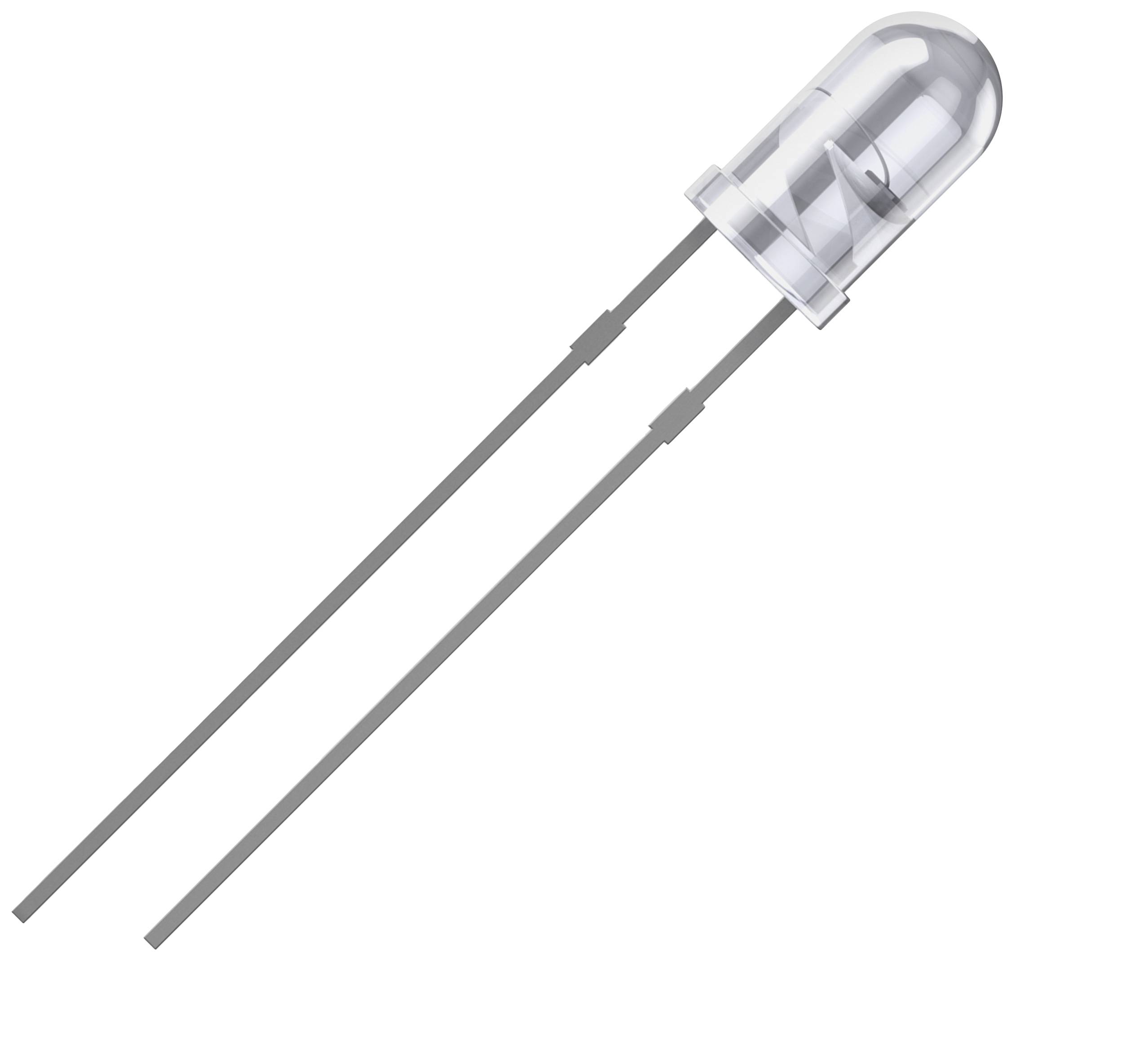 A transparent LED with two long metal leads.
