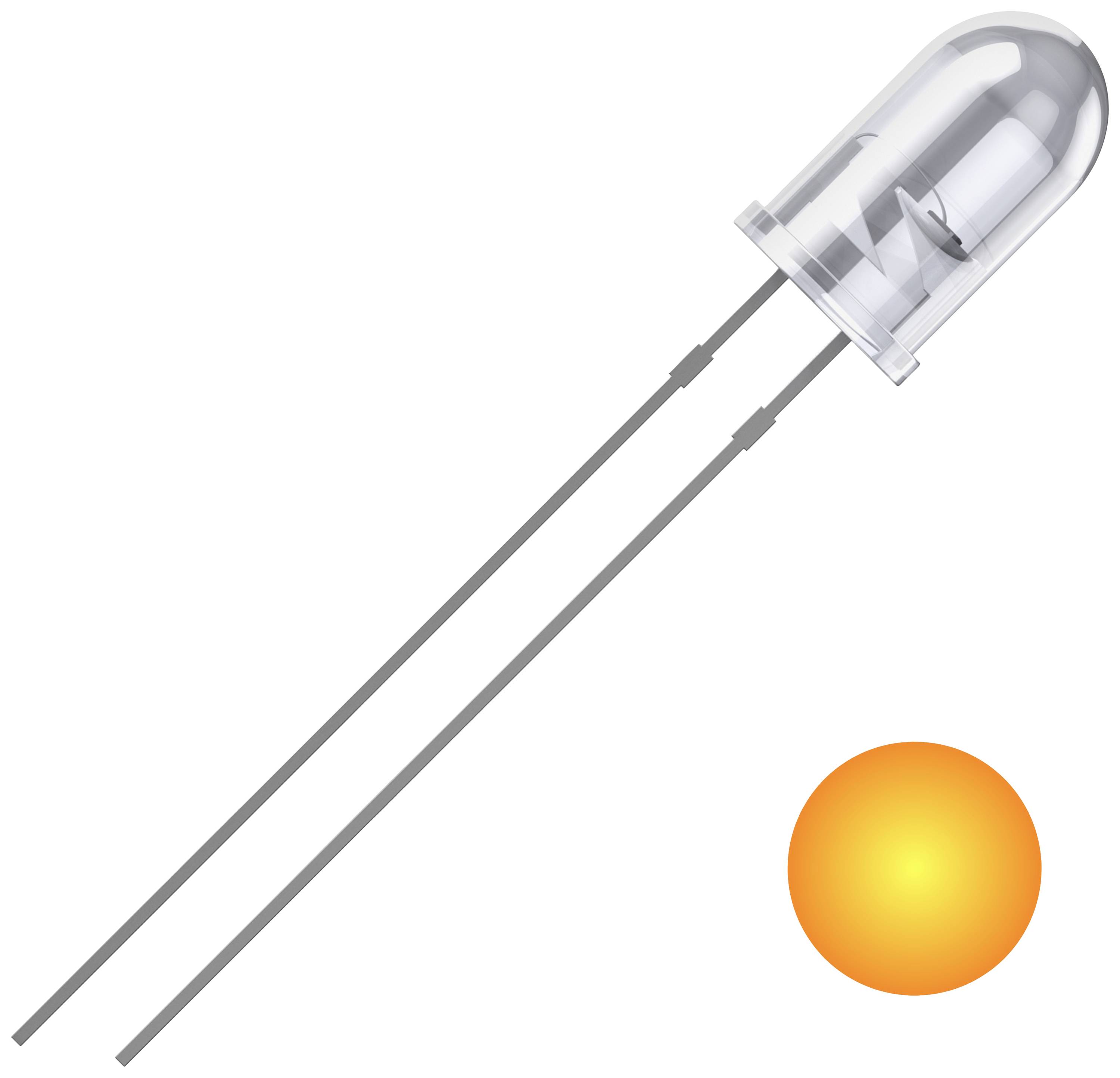 A white light-emitting diode with two long connecting wires, beside an orange glowing circle symbolising the LED function.