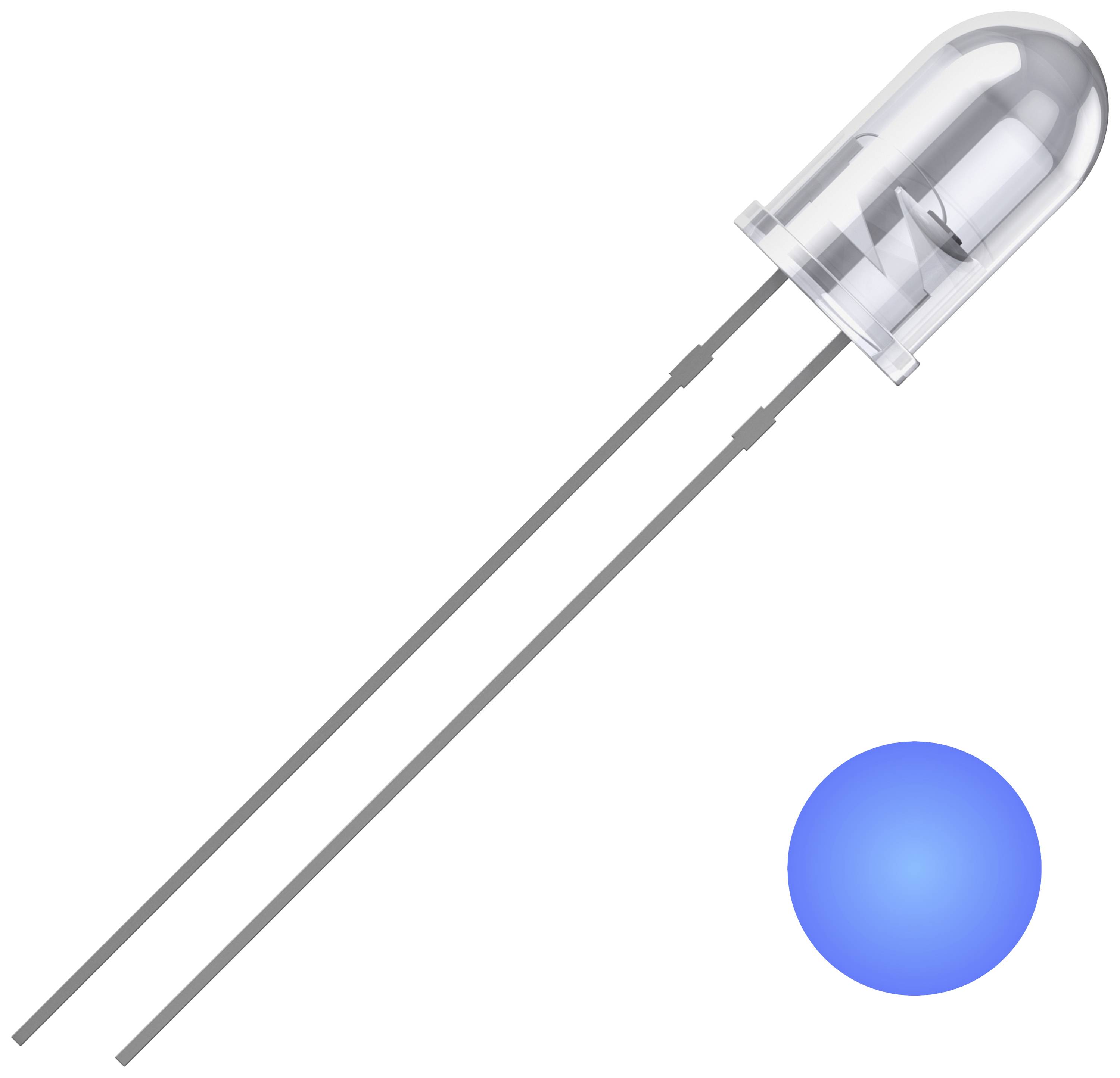 A blue-glowing LED with a transparent casing and two long metal leads, positioned next to a blue light point.