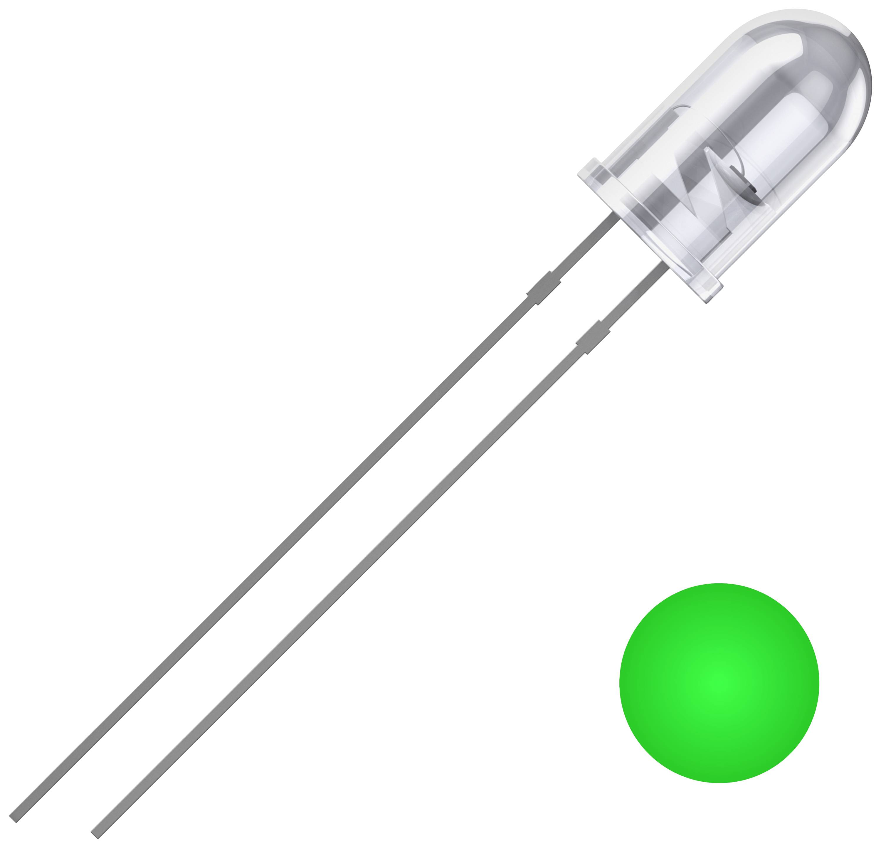 A green light-emitting diode (LED) with two long, thin connecting wires, shown next to a green dot indicating that it is illuminated.