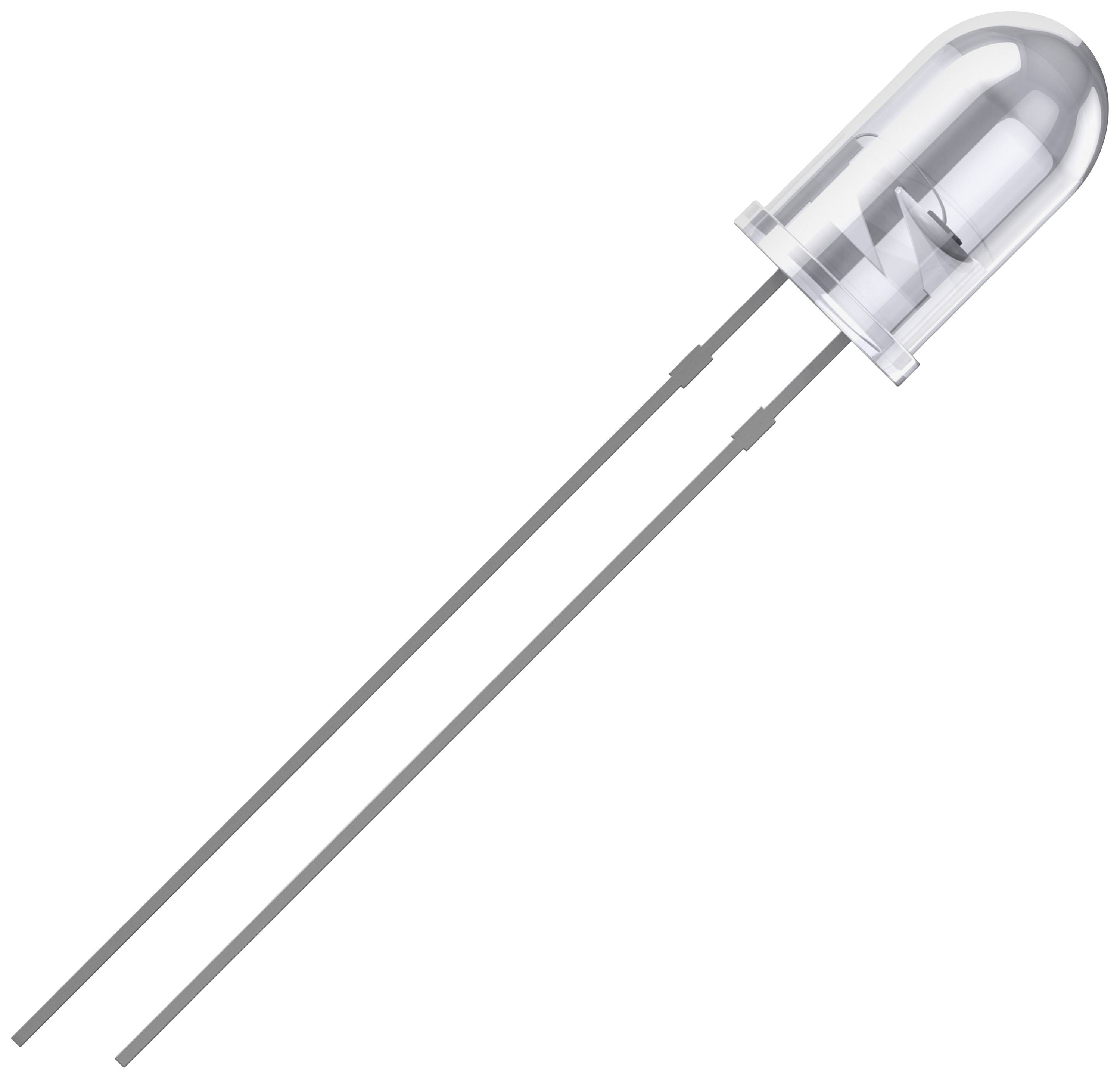 A transparent light-emitting diode (LED) with two long metal leads, used in electronic circuits.