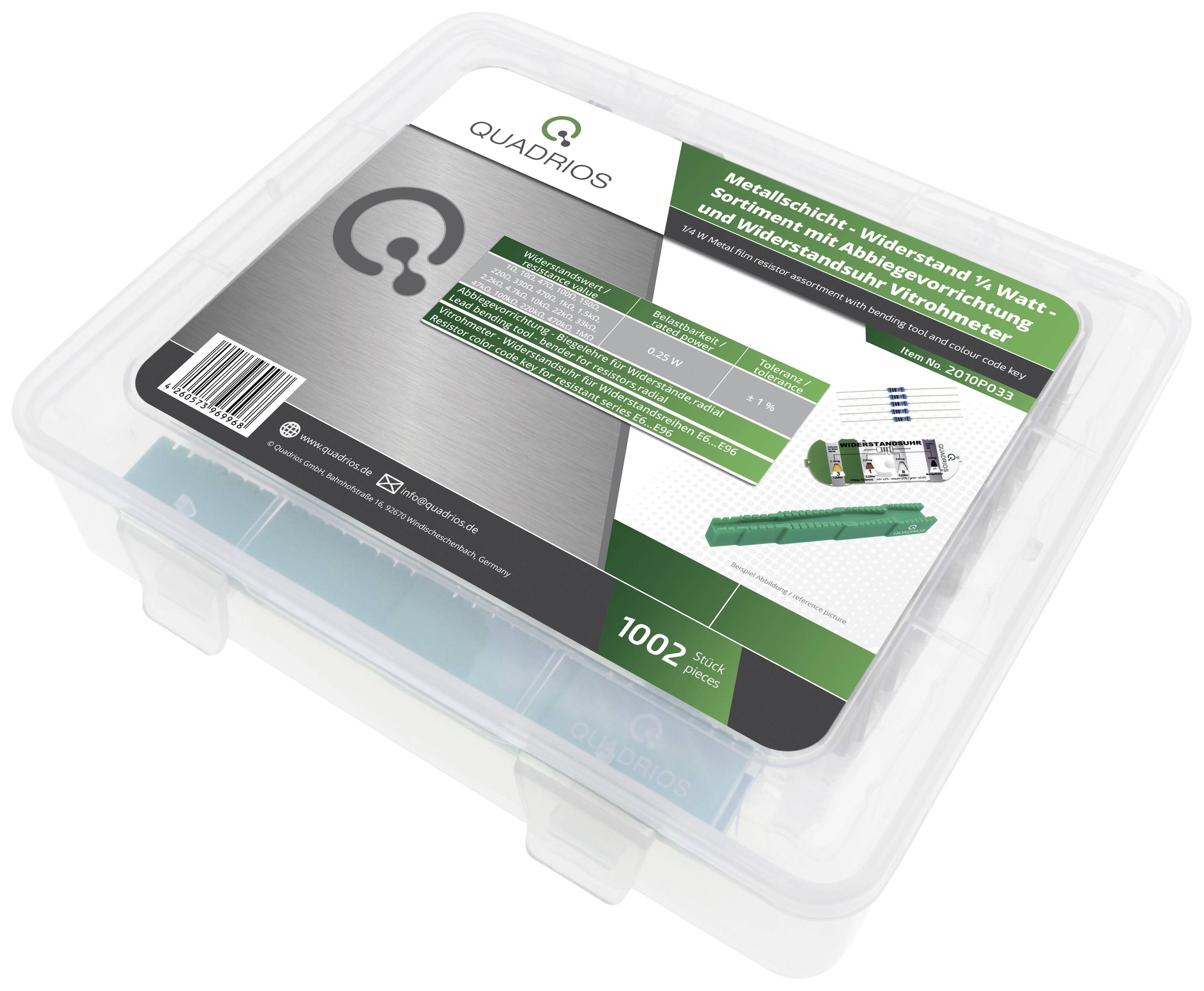 Plastic box containing 100 metal resistors by Quadrios, various resistance values. Grey-green label displays details and item number.