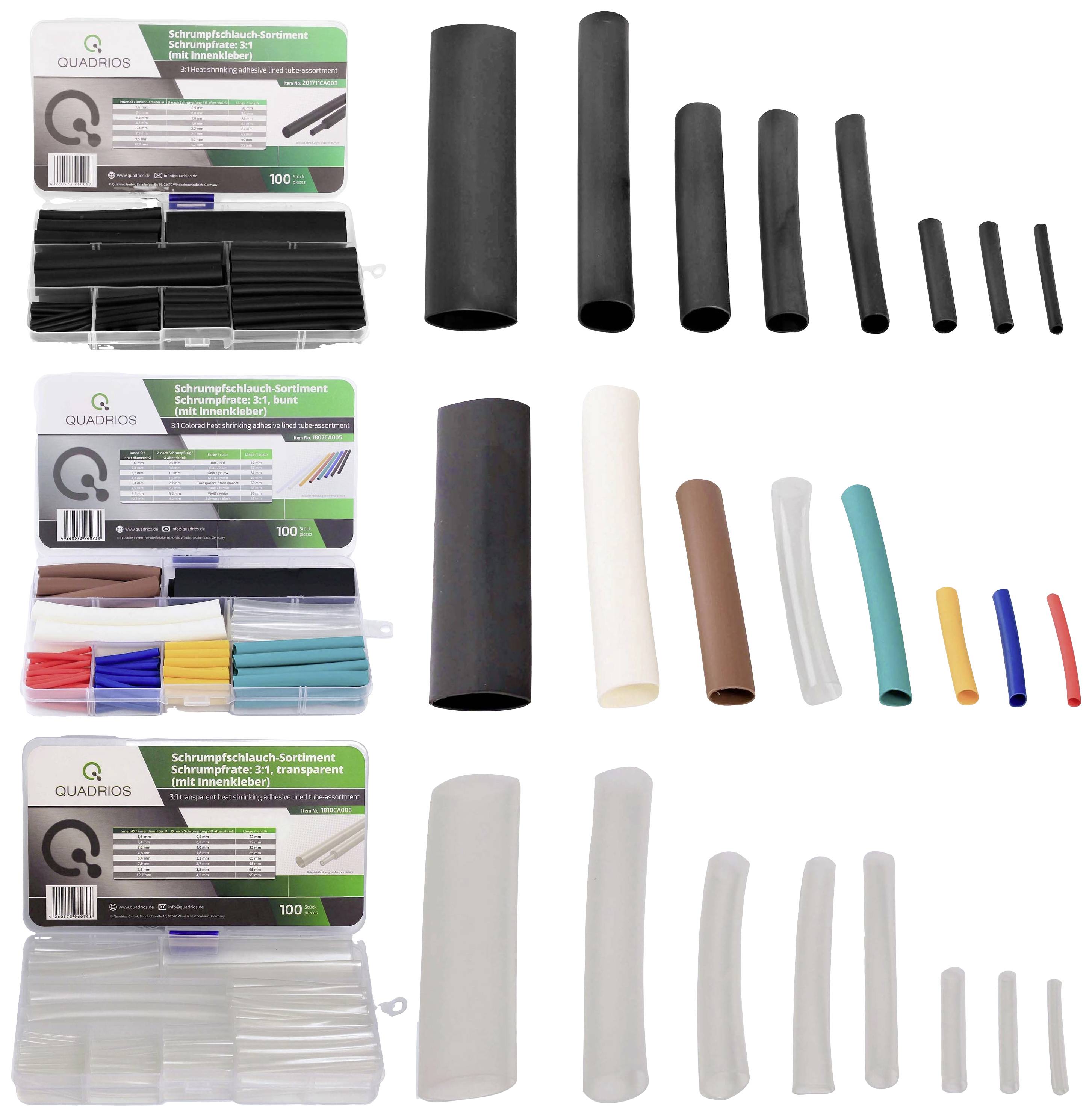 Various heat shrink tubes in different sizes and colours. Packaging contains sets with assorted heat shrink tubes.
