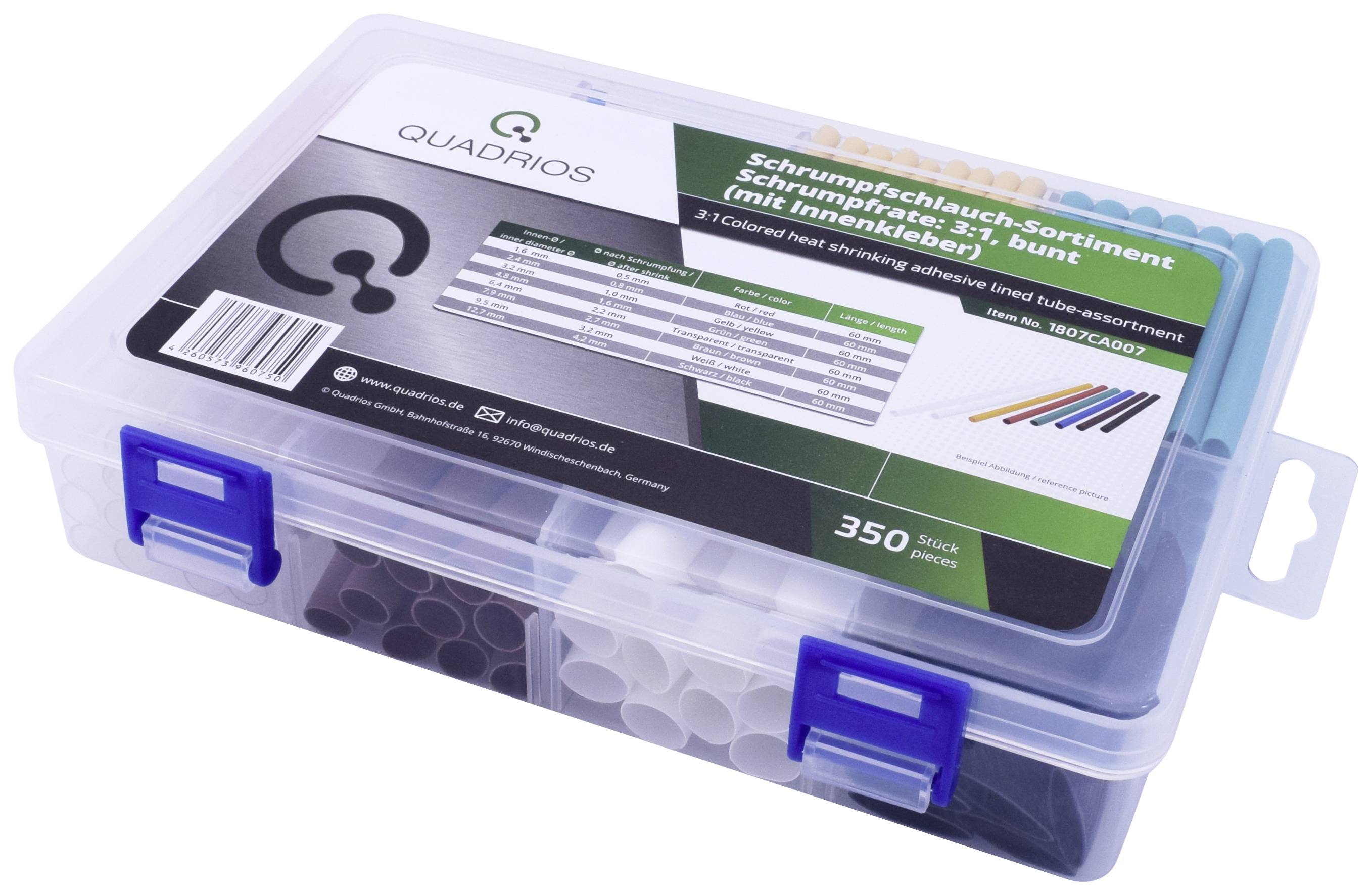 Plastic storage box with a heat-shrink tube assortment in various colours, Quadrio logo on the lid, 350 pieces.