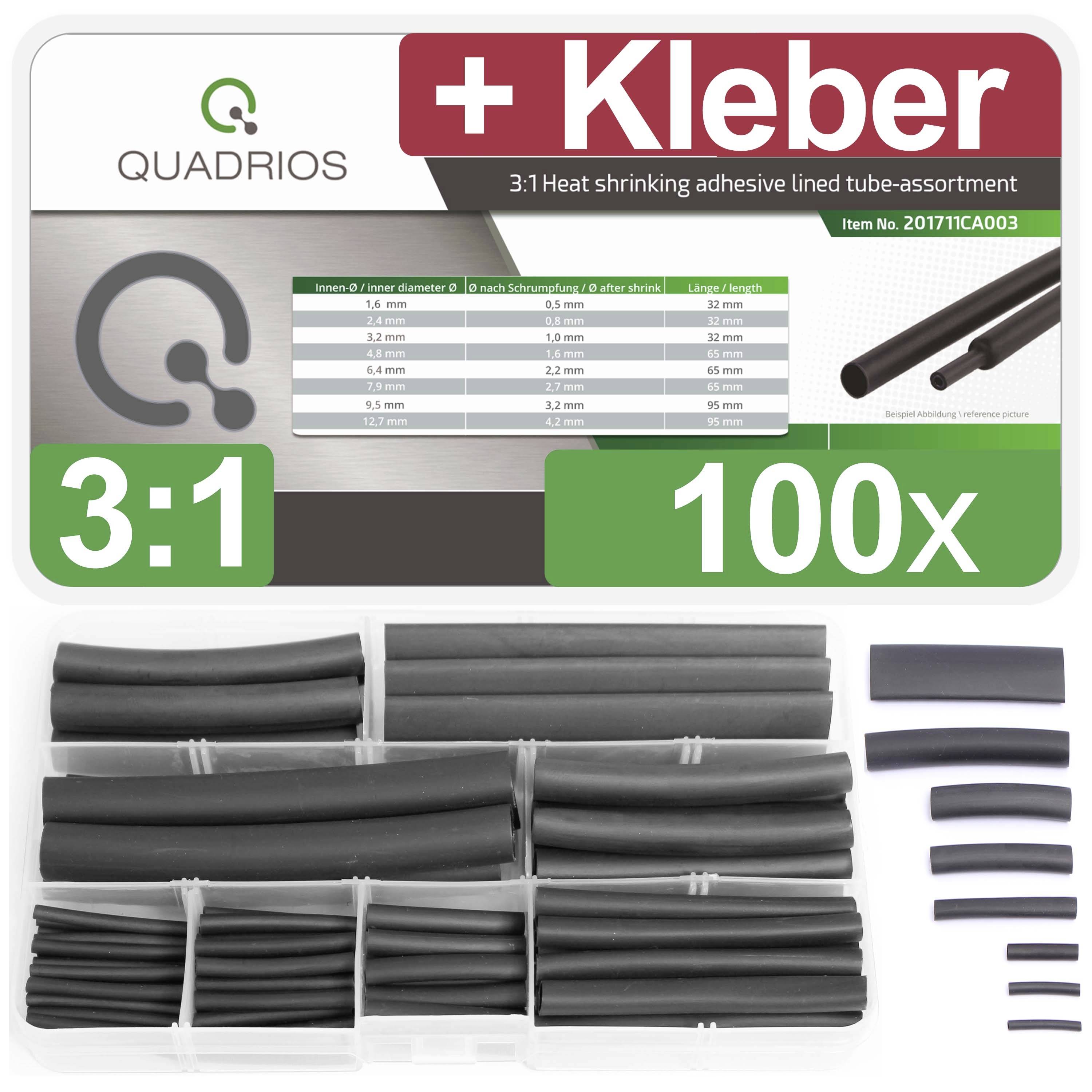 'Quadrios' Heat Shrink Tube Set, 3:1 Ratio, 100-piece, including adhesive. Various sizes in an organiser.