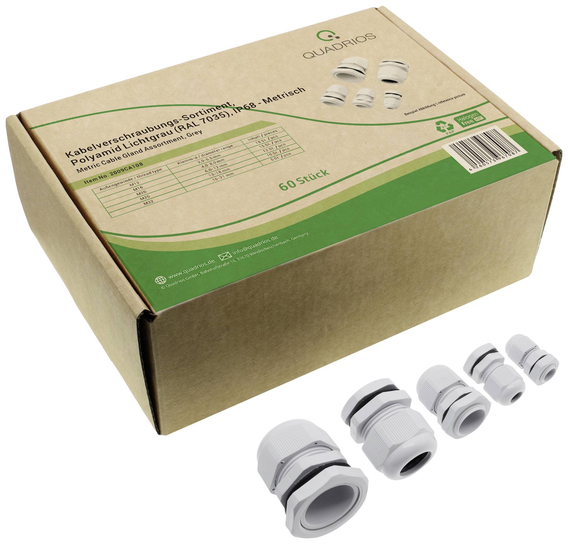 Cable gland assortment 'Polyamide Light Grey', 60 pieces, in a cardboard box. Five different sizes pictured. 'Quadrios' marking.
