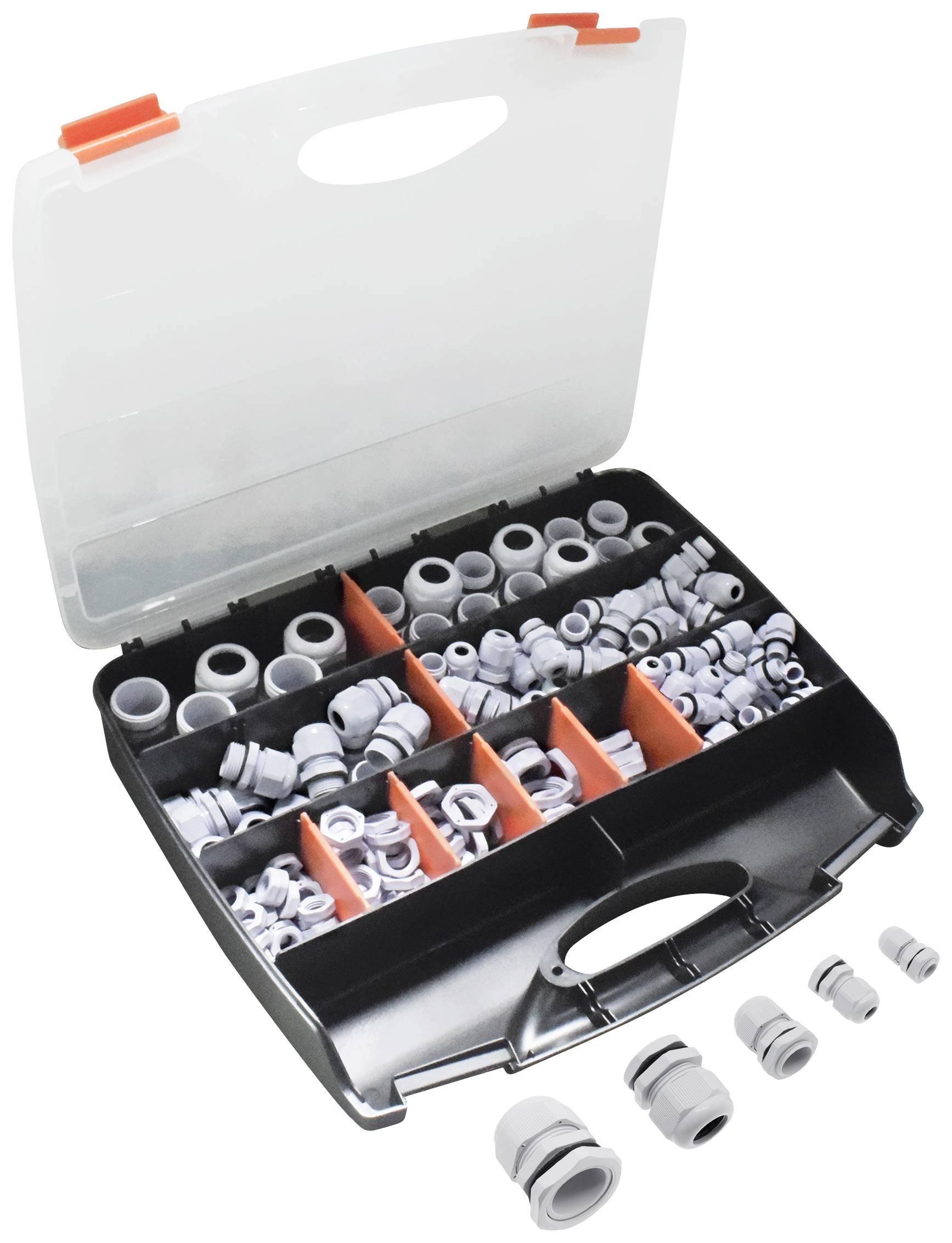 A selection case with various white cable glands in divided compartments. Some glands are placed outside the case.