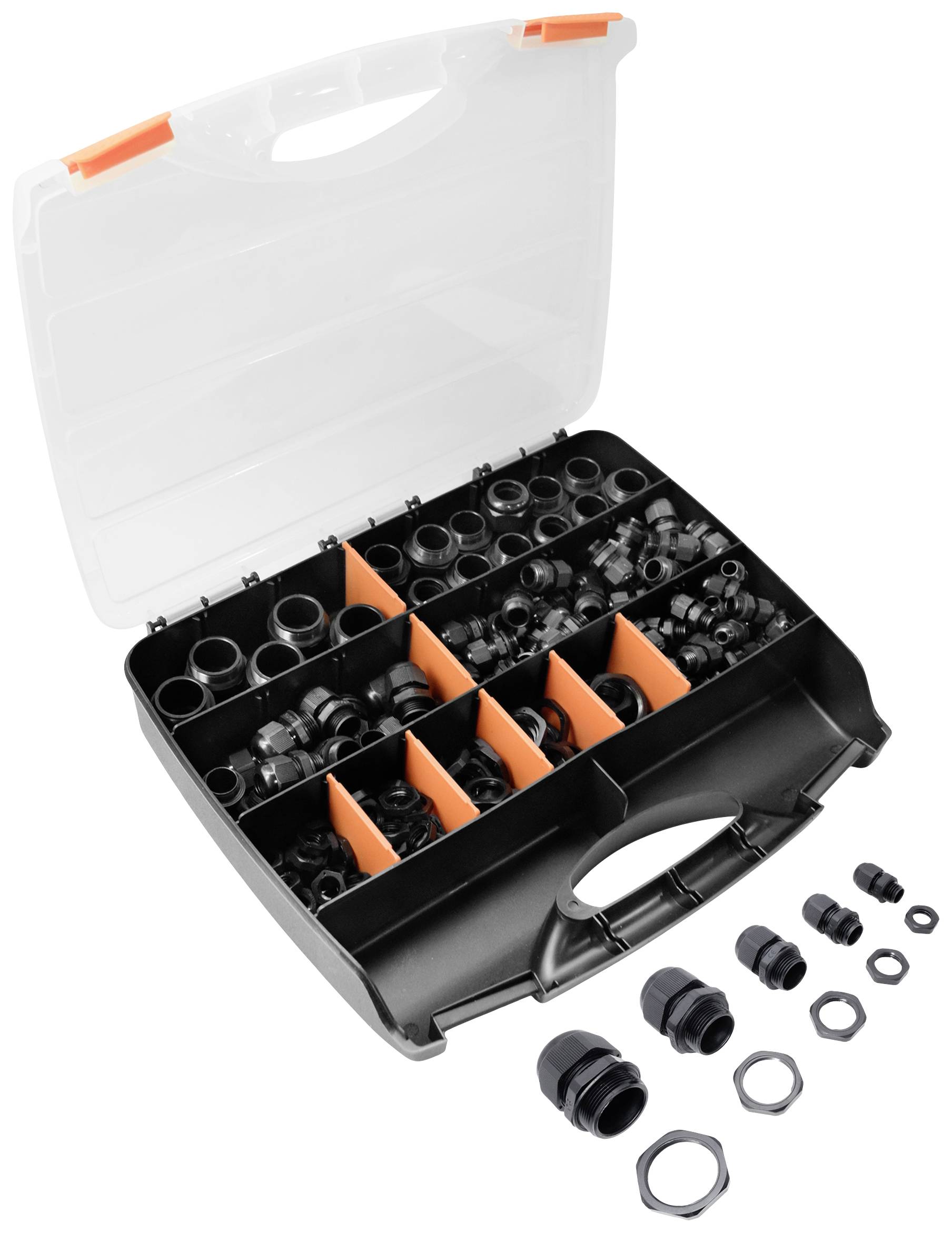 Black cable glands in an open multi-compartment organiser case, with some glands arranged outside the case.