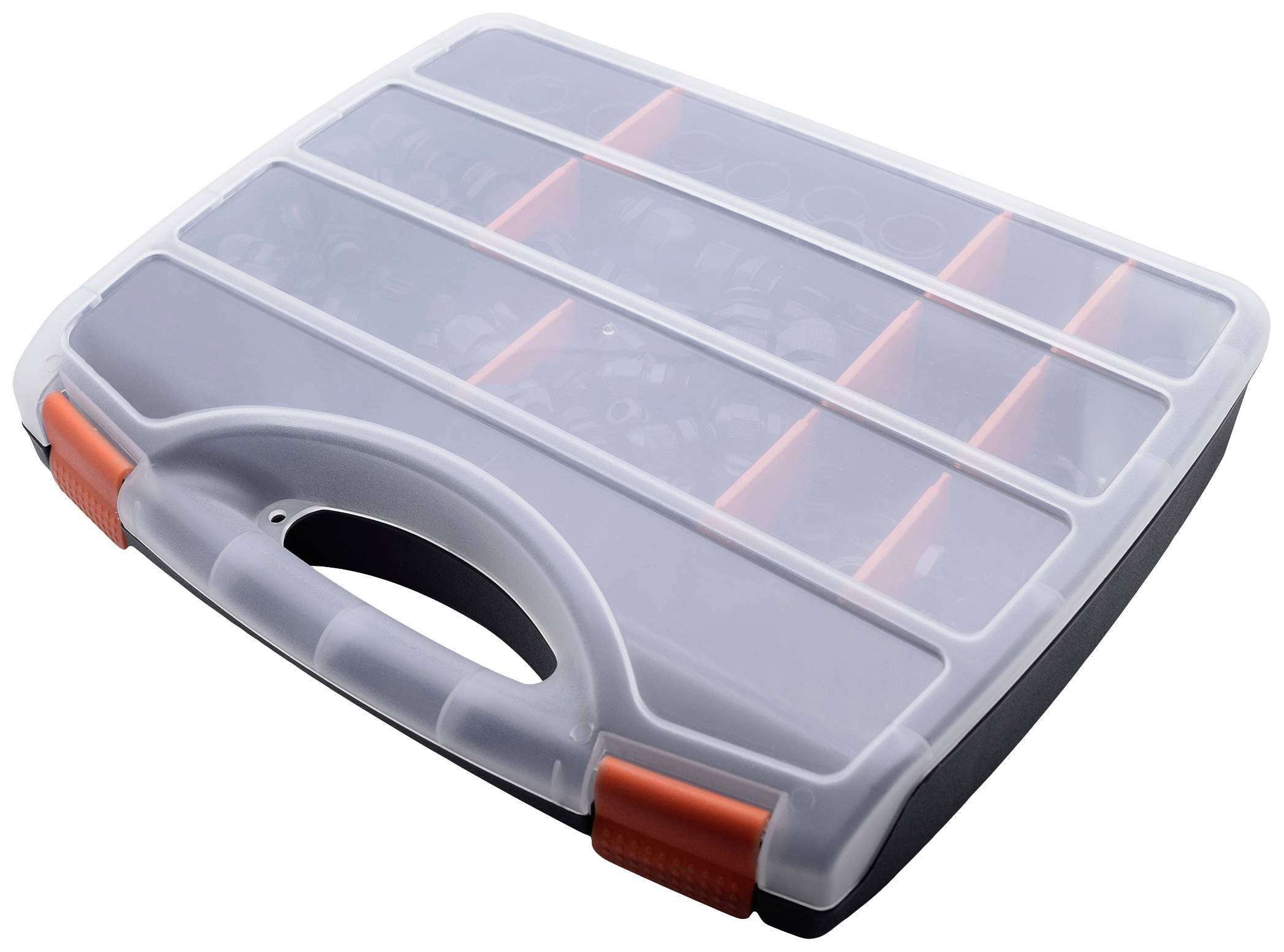 Organiser box with a grey handle and transparent lid, showing multiple compartments for storing small items or tools.