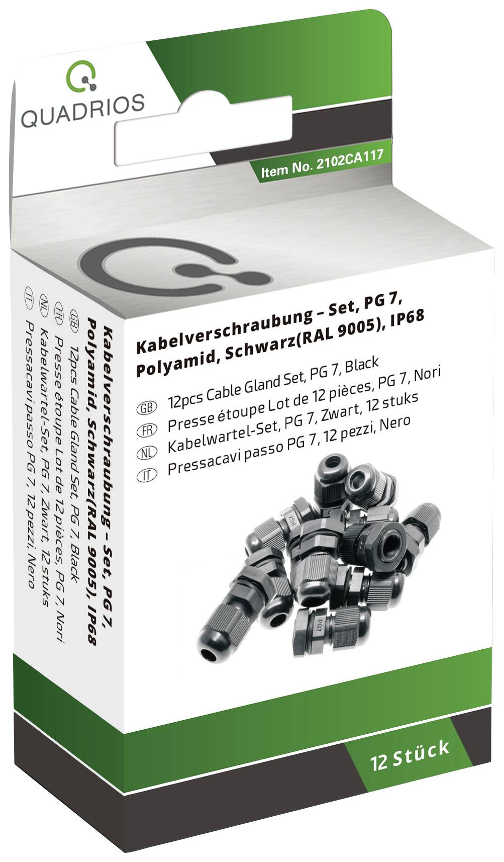 'Quadrio' Cable Gland Set, PG 7, Black, Polyamide, IP68, Pack of 12. Item Number 2102CA117.