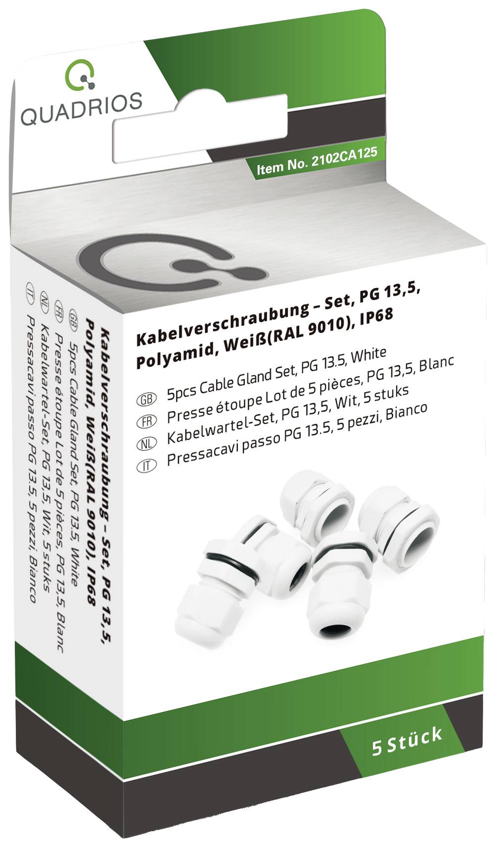 Square green packaging with label: Cable Gland Set, PG 13.5, Polyamide, White (RAL 9010), IP68.